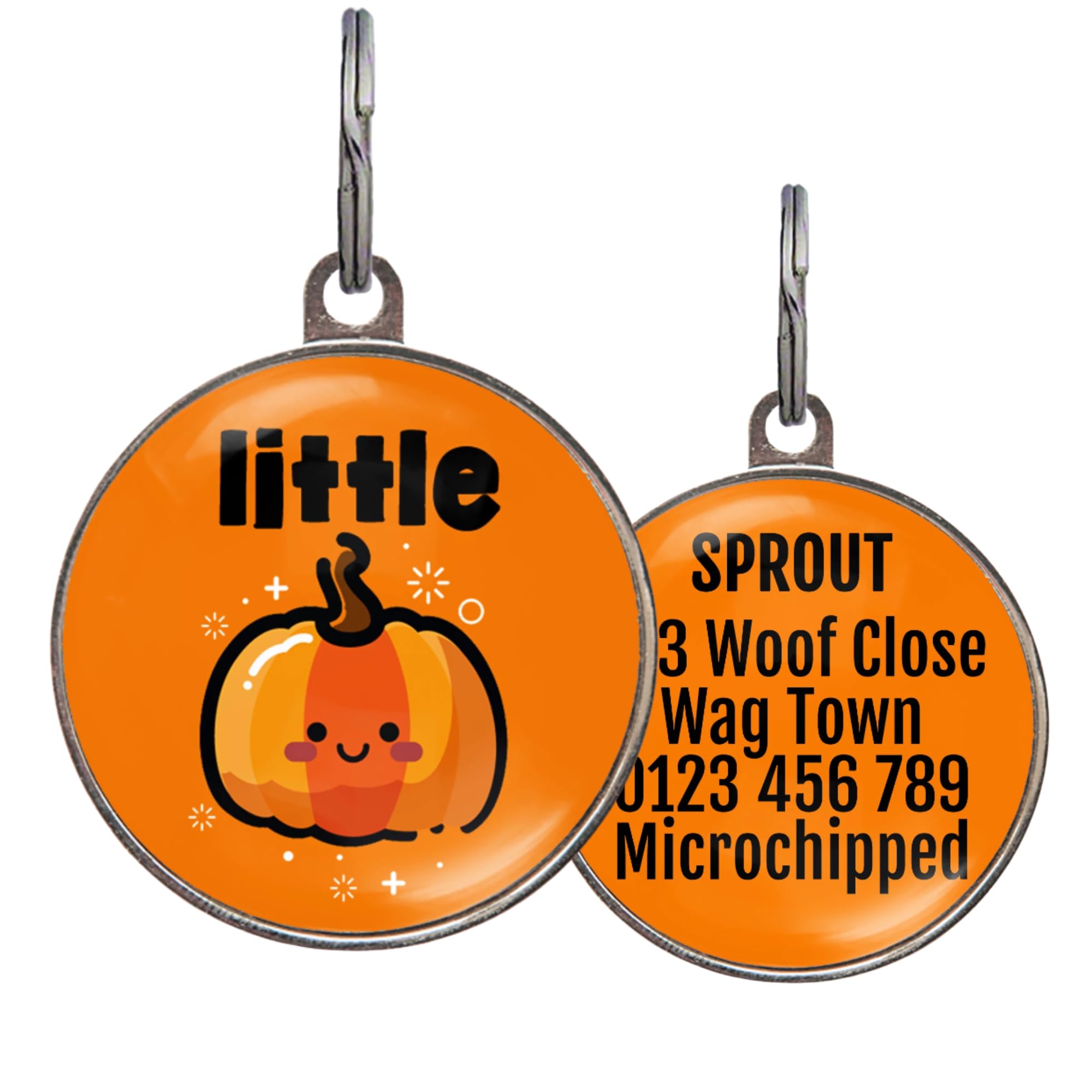 Little Pumpkin Dog Tag – Halloween Pet ID Tag – Custom Info on Back – Autumn Orange Style Design – 2 Sizes for Dogs & Cats – Lightweight Metal – Cute Halloween Collar Tags