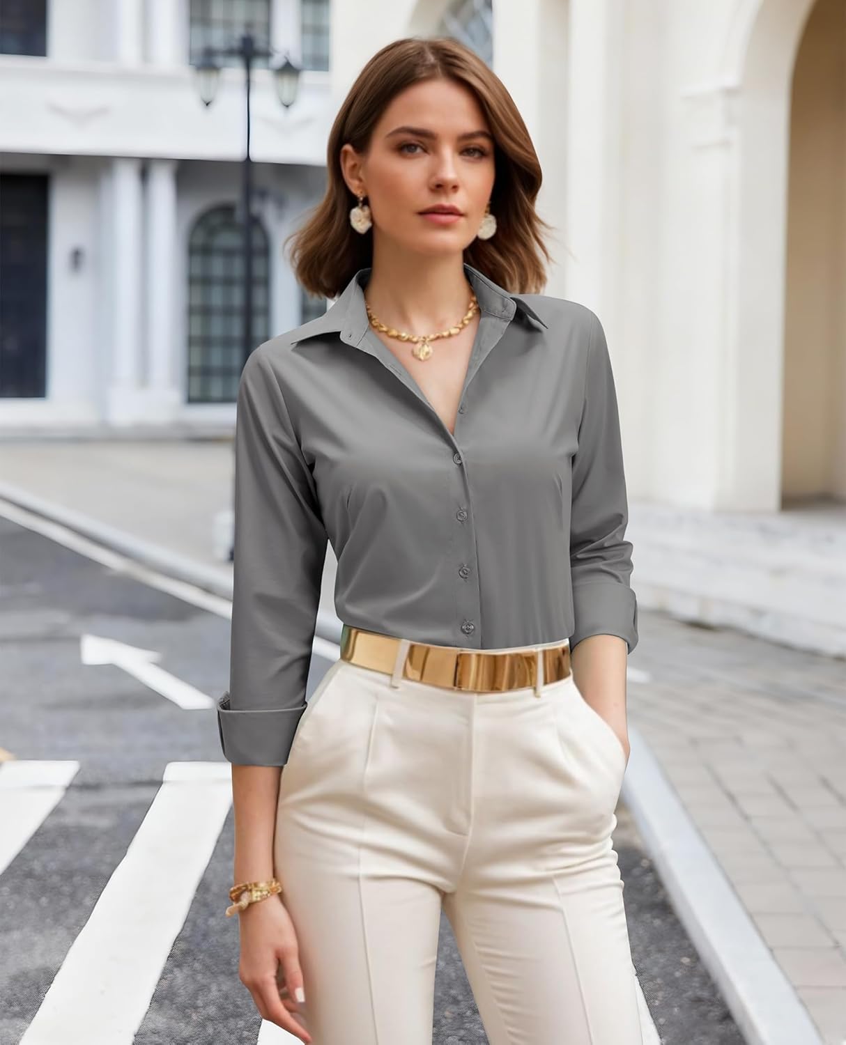 siliteelon Womens Button Down Shirt: Dress Shirt Collared Long Sleeve Shirt Tailored Waist Casual Work Blouse - Image 3