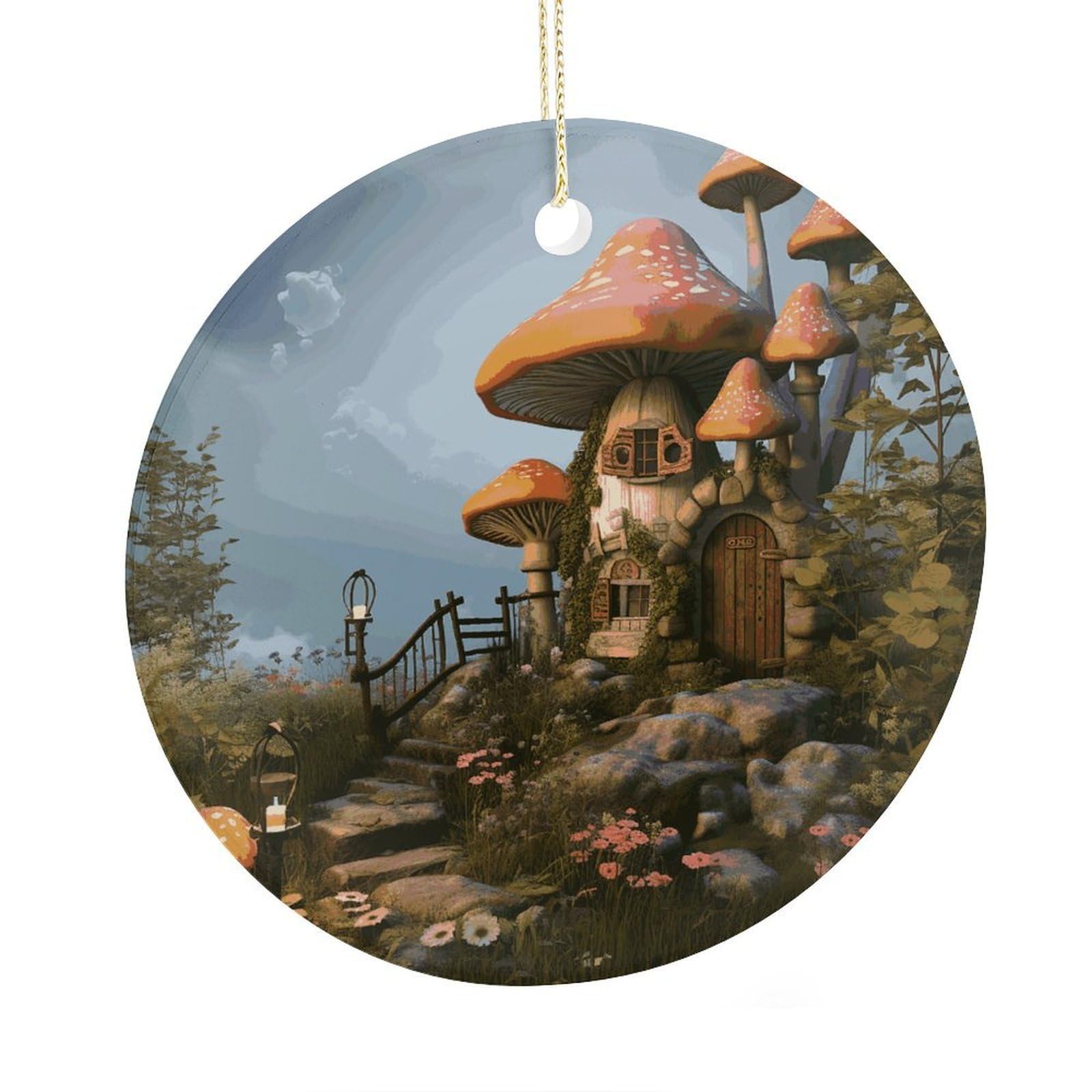 Fekiloot Style Mushroom Garden Christmas Ornaments 2.9 Inch Round Ceramic Ornament Keepsake Thank You Gifts For Office, Room, Home - Holiday Present Ideas