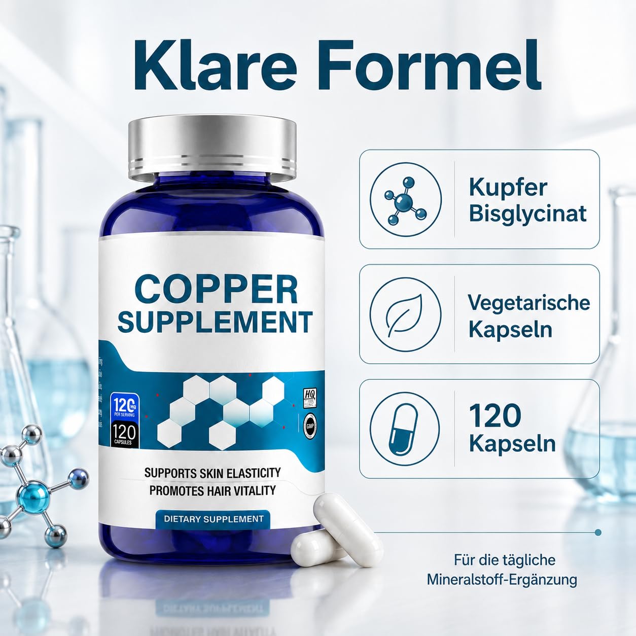 Kupfer Bisglycinat Kapseln, Copper Supplement, 120 Stück | Hochwertige Chelat-Formel für Alltag, Ernährung und bewusste Mineralstoffversorgung