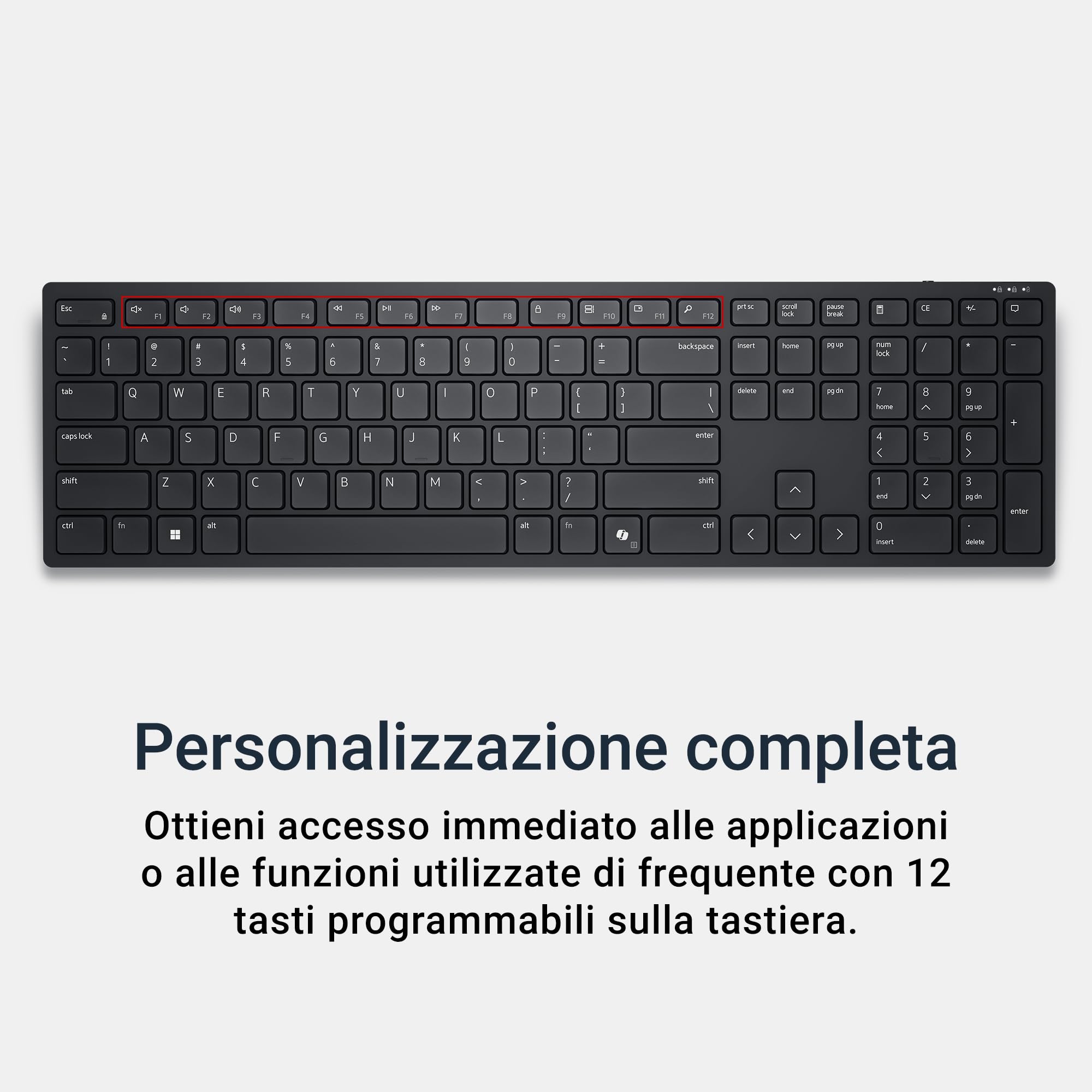 Dell Pro Tastiera wireless KB500, 12 tasti programmabili, AES-128 | RF 2,4 GHz, Batterie AAA, autonomia 36 mesi, design ergonomico, digitazione silenziosa, Ricevitore USB, Pronta per ufficio