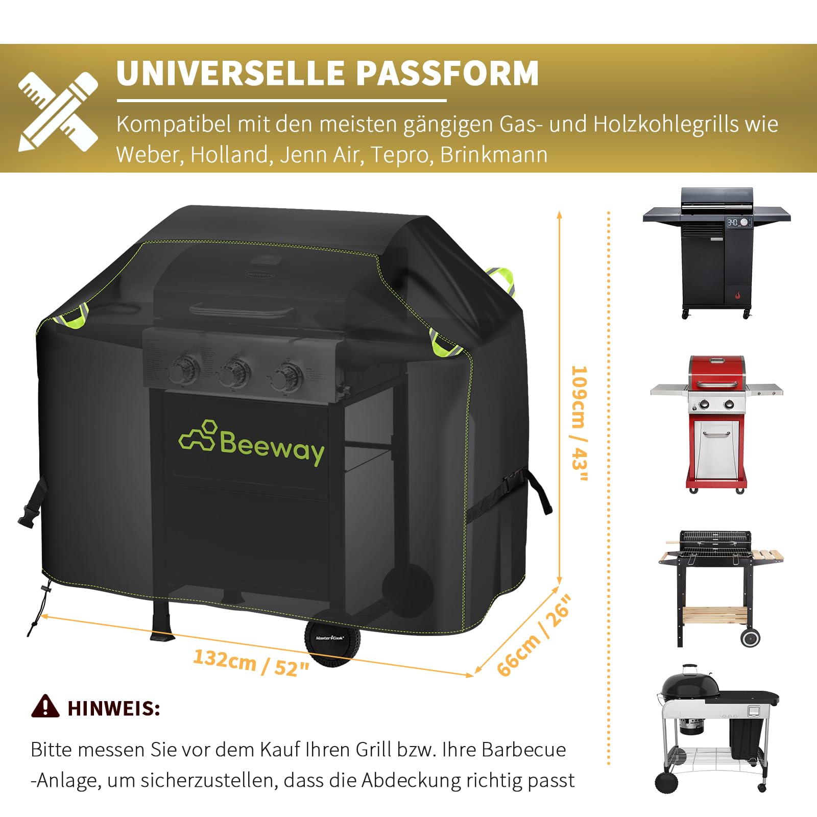 BEEWAY Funda para barbacoa resistente a la intemperie, tela Oxford 420D, cubierta para barbacoa de gas, impermeable, resistente a los rayos UV, 132 x 66 x 109 cm