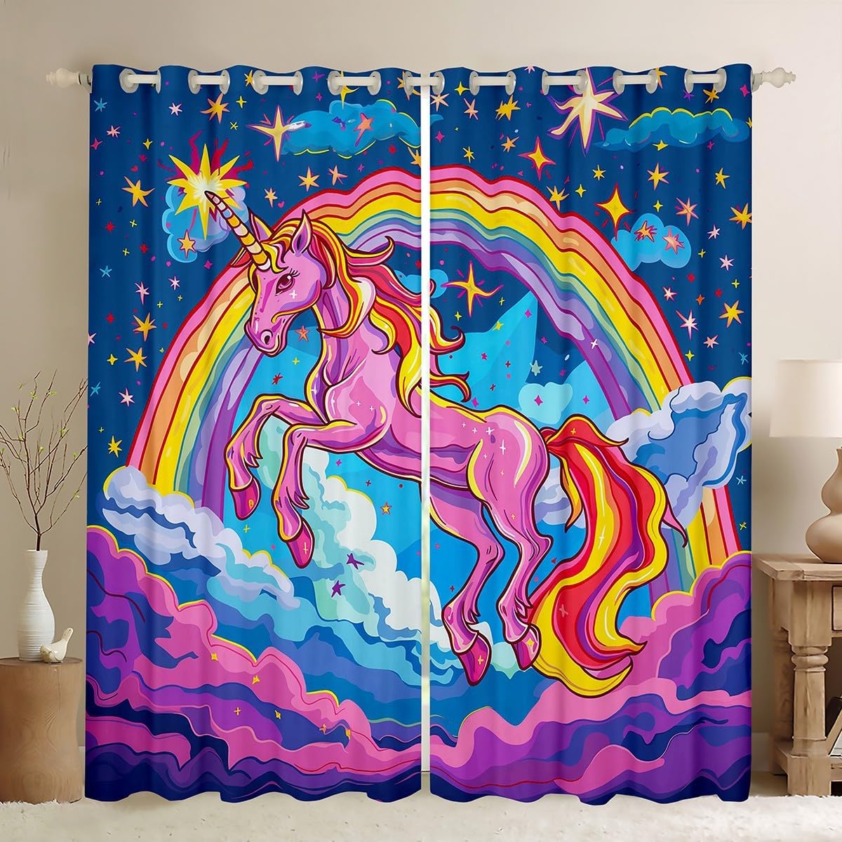 Cartoon Unicorn Window Curtain Set of 2 Panels,Pink Unicorn Princess Style Fairy Tale Window Drapes,Colorful Rainbow Sky Stars Fantasy Curtain for Kids Adults Bedroom Decor,52Wx63L