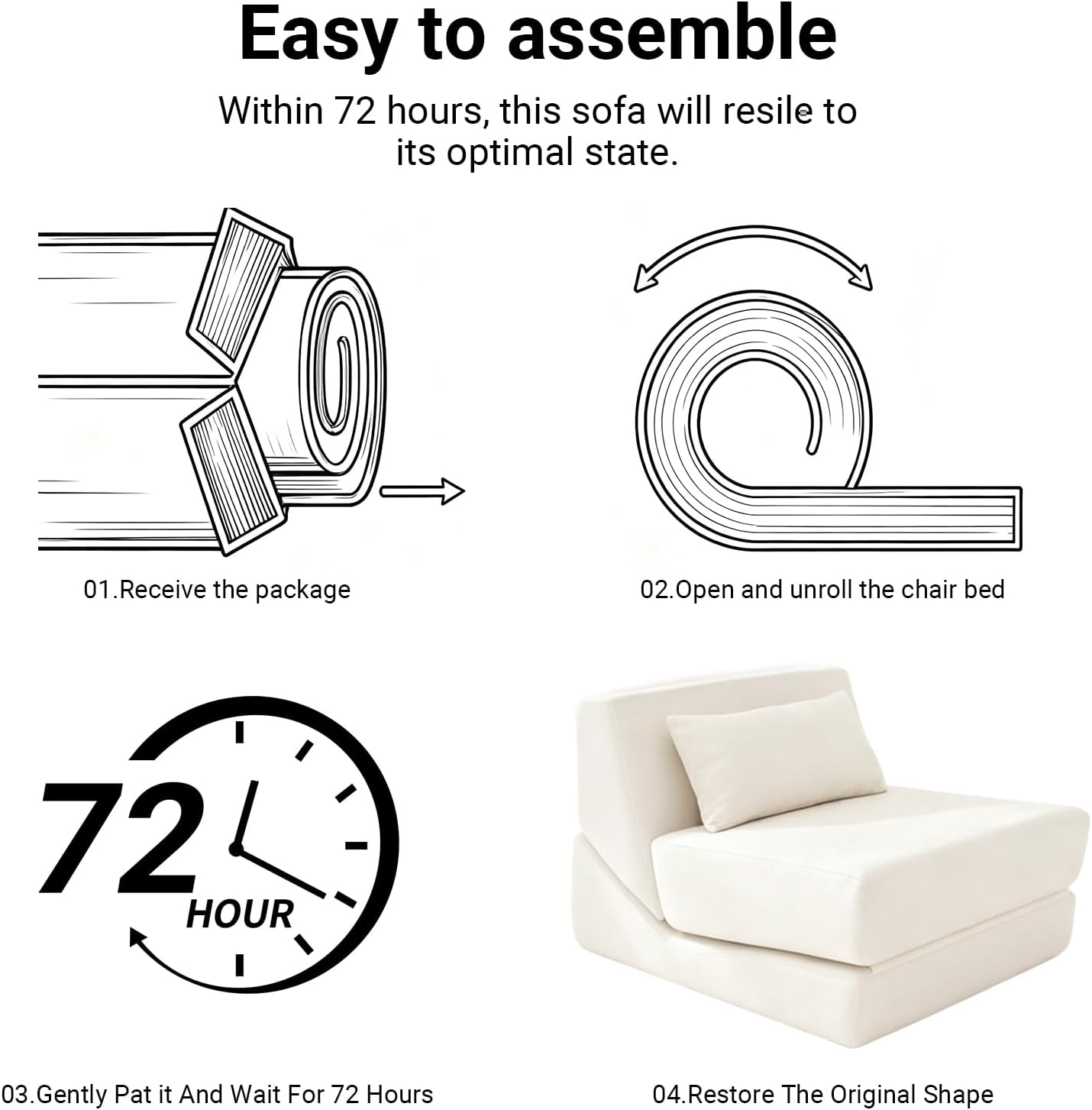 Folding Sofa Bed Chair, 3 in 1 Convertible Sleeper Chair Bed w/Pillow Handle, Floor Sofa Lounge w/Back Support & Removable Washable Cover for Living Room, Bedroom, Apartment (White) | Washable Cover, Sleeper Chair, Folding Sofa Bed