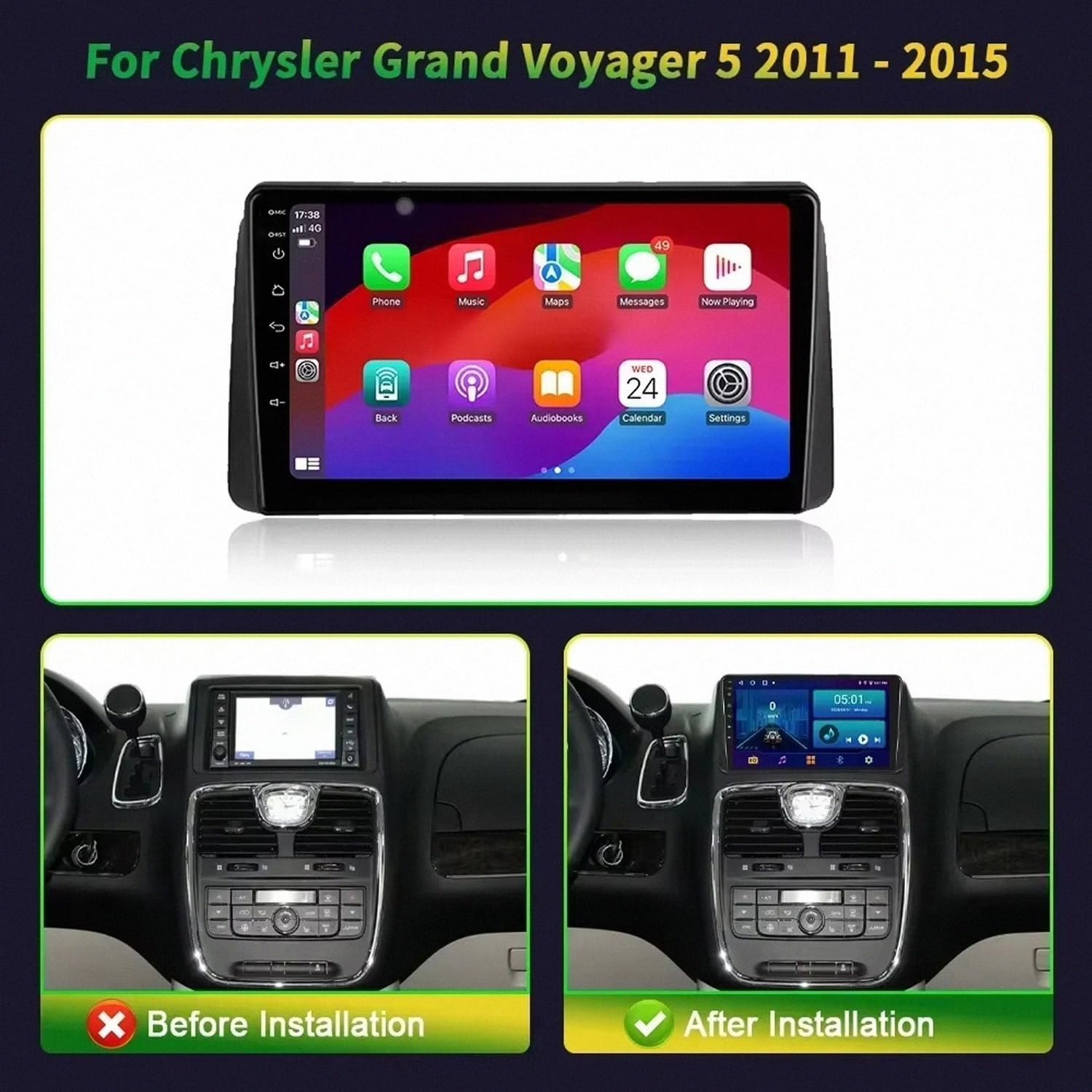 Touchscreen Auto Radio per Chrysler Grand Voyager 5 2011-2015 Wireless Carplay Android Auto Stereo Bluetooth Ips con Pantalla Táctil con Gps Navigatore/Swc/Mirror, 8 Nucleo 8G+256G