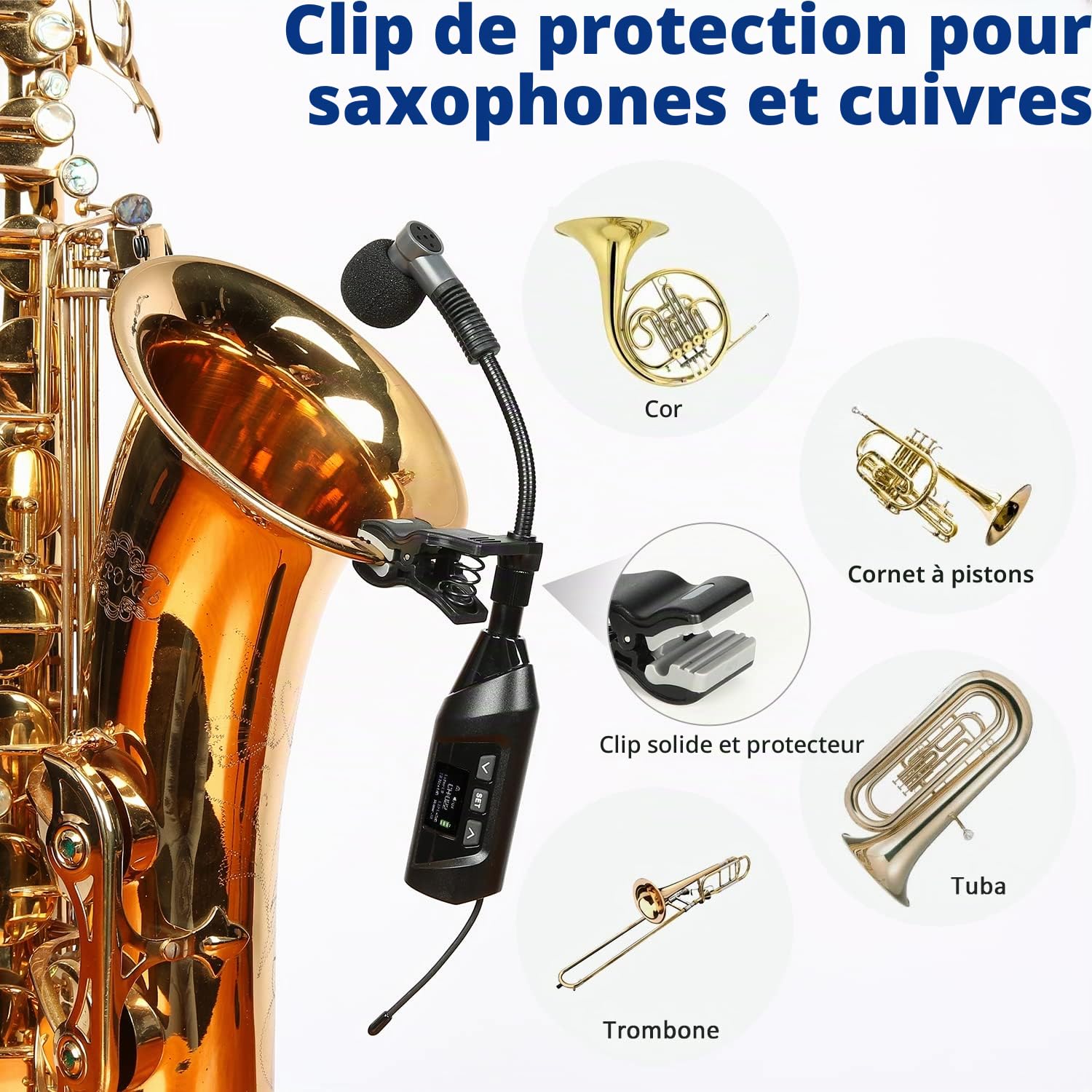 SGPRO microphones sans fil pour saxophone, microphone à clip pour sax et trompette, égaliseur préréglé et niveau d’écho, transmission de 5 m, rechargeable, émetteur et récepteur