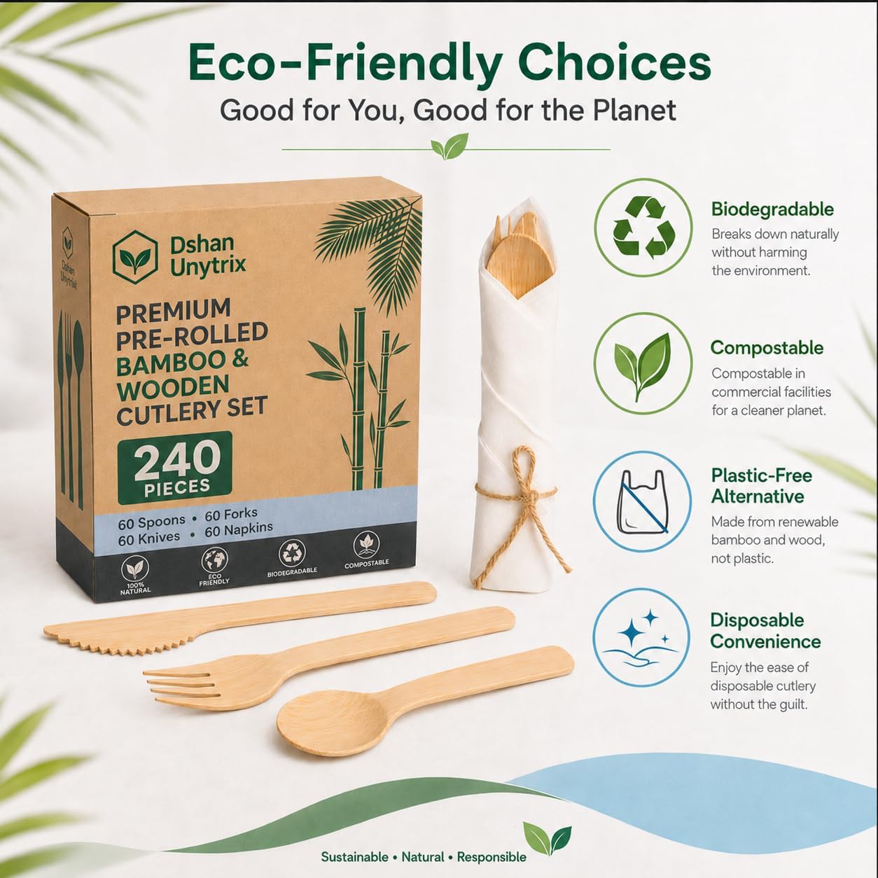 pre rolled 60 Pack Bamboo Cutlery Set with Napkins, 240 Piece Disposable Wooden Utensils, Heavy Duty Forks, Knives & Spoons, Biodegradable Eco-Friendly Flatware for Weddings, Parties & catering