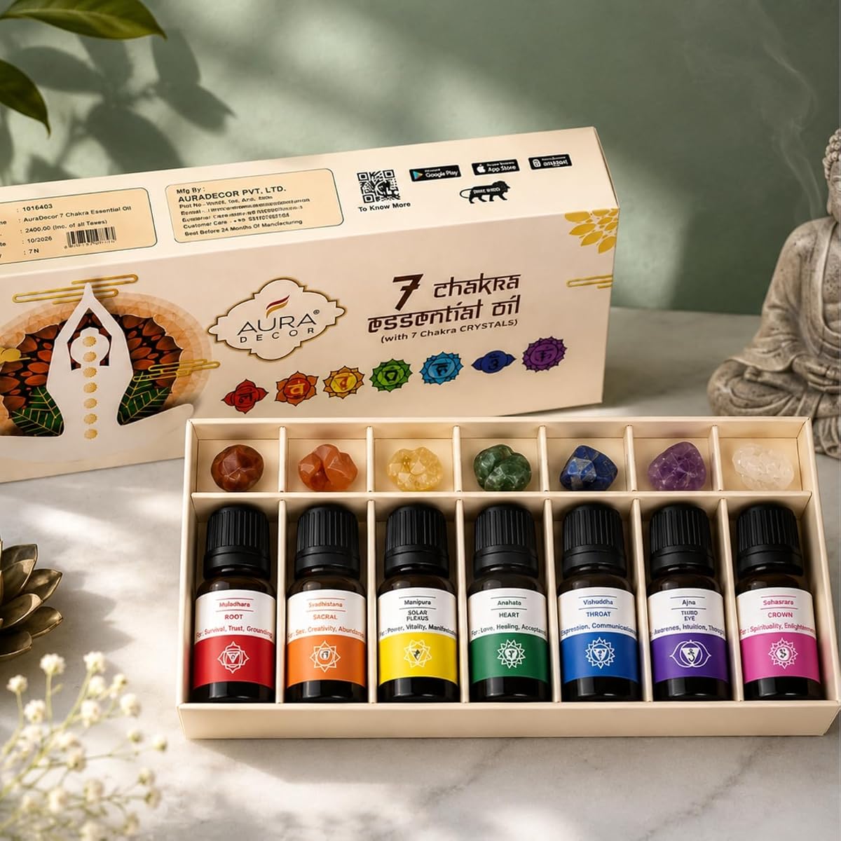 AuraDecor 7 Chakra Essential Oils with 7 Chakras Gem Stones (Sahasrara, Ajna,
