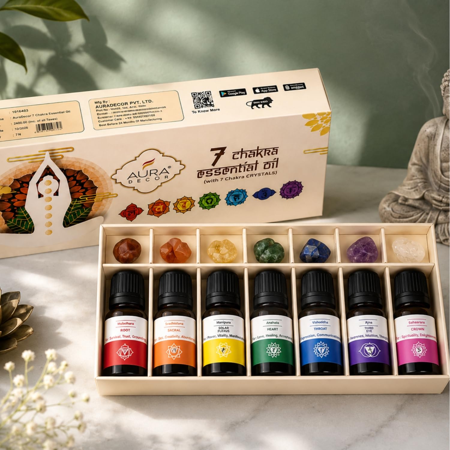 AuraDecor 7 Chakra Essential Oils with 7 Chakras Gem Stones (Sahasrara, Ajna, Vishuddha, Anahata, Manipura, Svadhistana & Muladhara) in a Gift Pack (Pack of 7, 7 Chakra Essential oil)