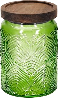 1Pc 24oz eather Leaf Pattern Style Vintage Glass Candy Jar with Solid Wood Lid, Kitchen Storage Canister for Sugar, Coffee, Cookies, Bath Salt - Decorative Mason Jar(1, Green, 24oz)