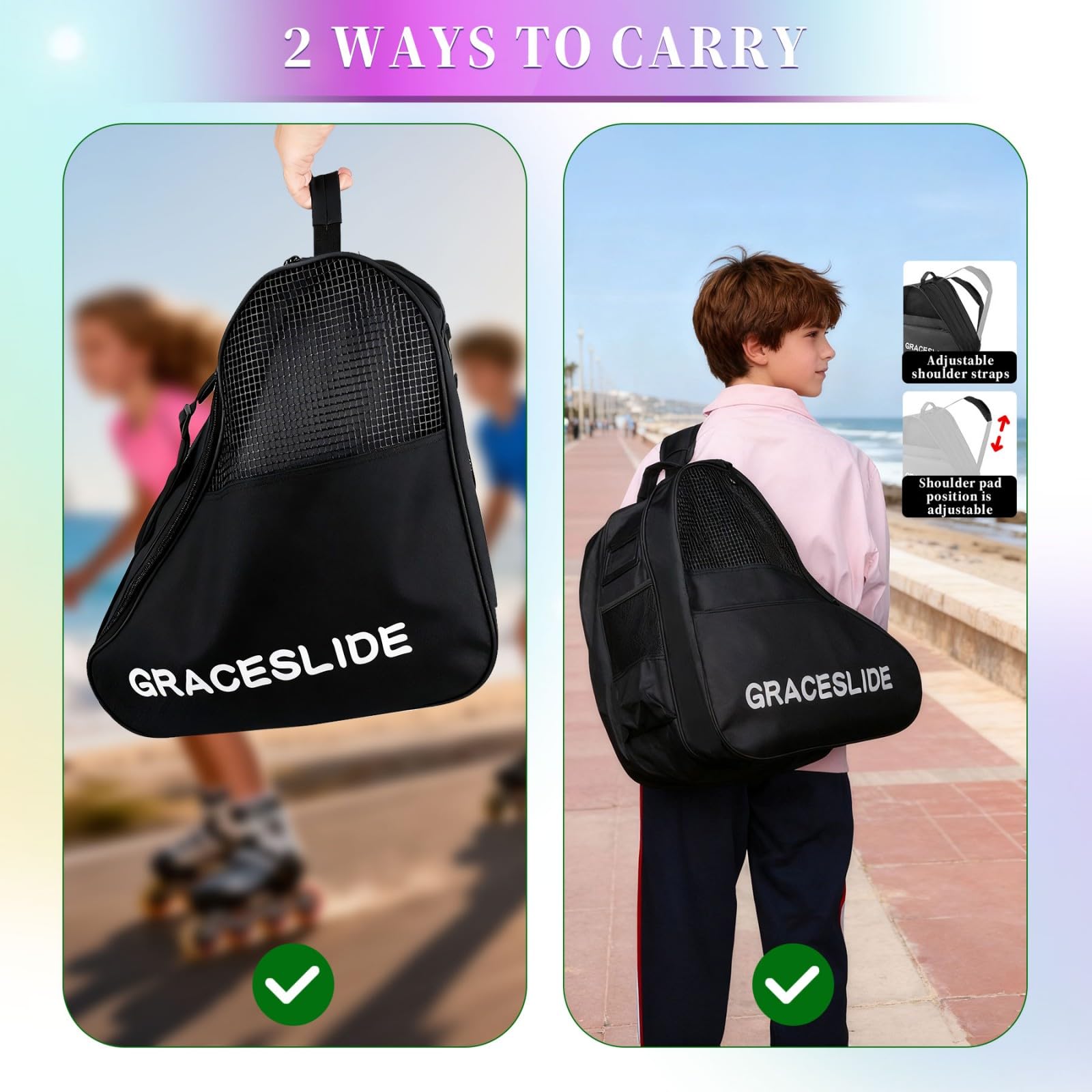 Inliner Tasche, Skatertasche, Skischuhtasche mit Verstellbare Riemen, Ice Skate Bag, Rollschuhtasche, Eishockey-Bag, Geeignet für Schlittschuh- und Hockeyzubehör (Schwarz)