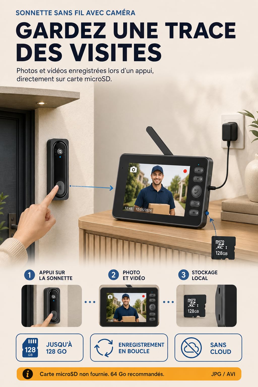 Sonnette Sans Fil Avec Caméra, 4,5" Interphone Vidéo Sans App Sans WIFI