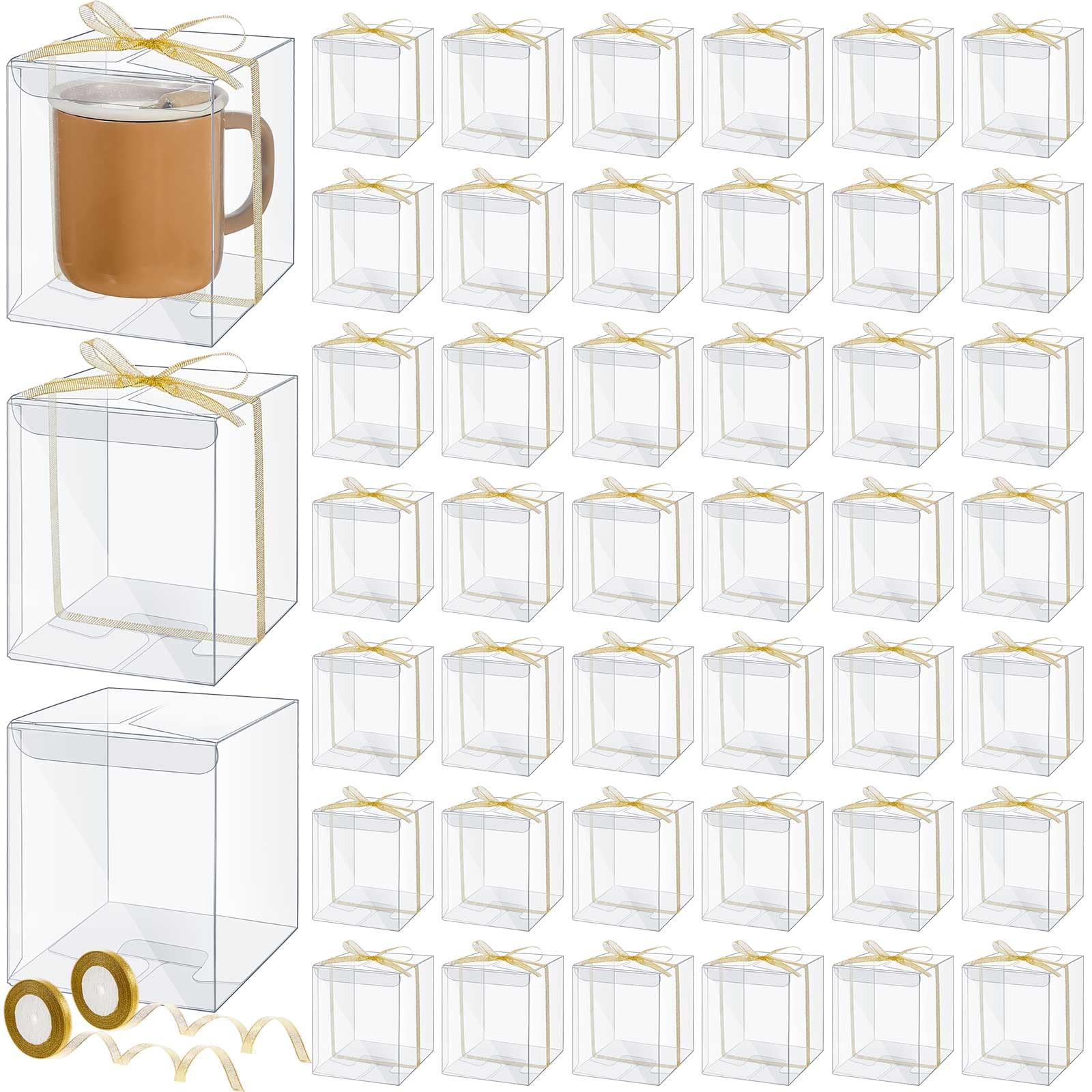 Beeveer 50 Pcs Mug Gift Boxes Clear Tumblers Packaging Box with Ribbon for Sublimation Tumblers Compatible with 11oz 12oz 15oz 20oz 30oz 40oz(4.9 x