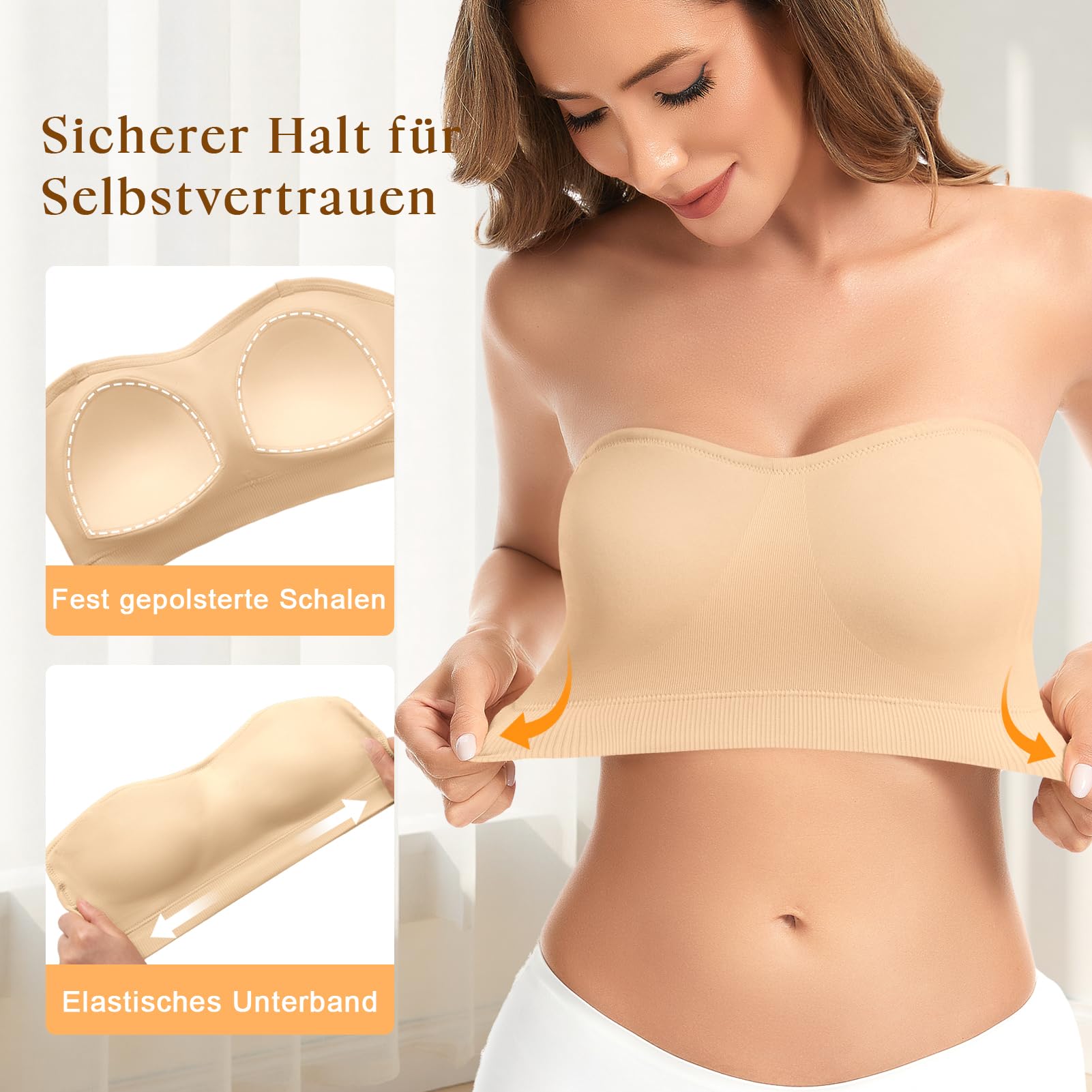 Jiuday Damen Trägerloser BH ohne Bügel Push Up Bandeau | Mit Rutschfester Silikonleiste, Verstellbarem Rückengurt, Festen Polstern, Zwei Sätzen Trägern Für Hochzeit & Abendoutfits