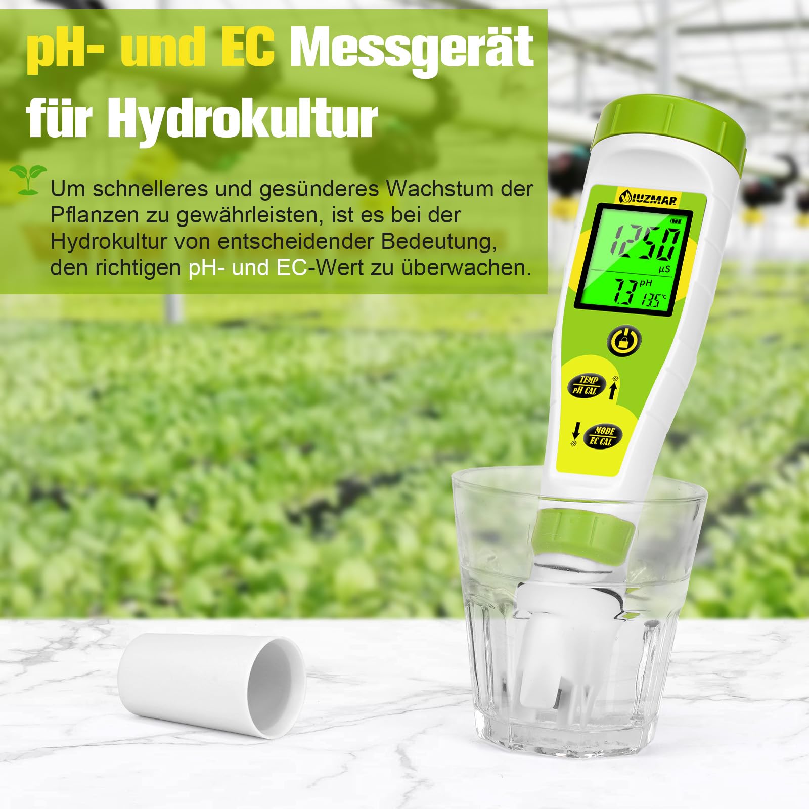 UIUZMAR pH und EC Messgerät Grow, PPM und pH Messgerät für Wasser Hydrokultur Nährstoffe, Messen von pH, PPM, Leitfähigkeit, Temperatur, DWC, 4 IN 1 Digitale pH und EC PPM Wassertester für Pool