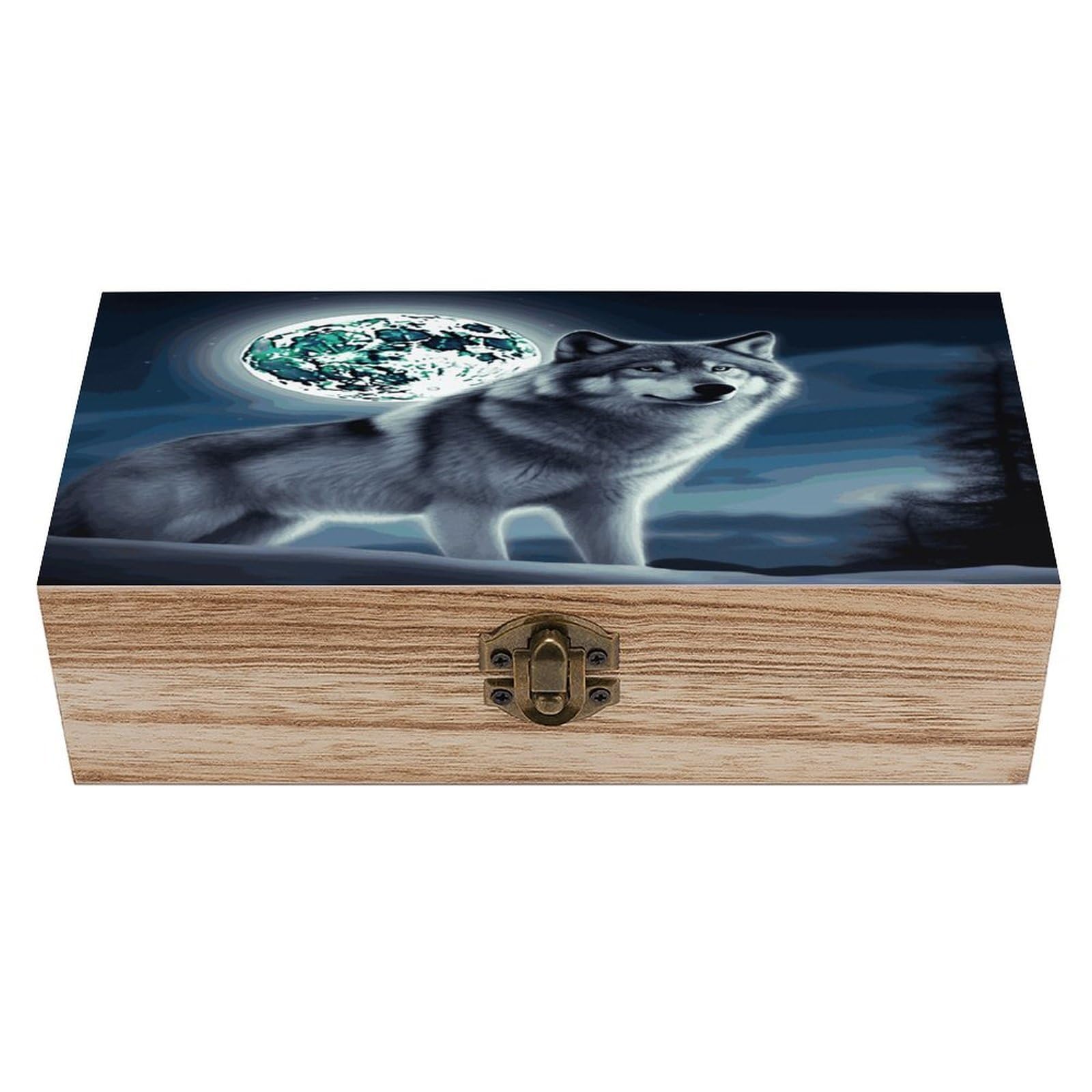 VstaDank Wolf Under Moon Wooden Storage Box Wooden Keepsake Box with A Hinged Lid Fashion Memory Treasure Boxes Decorative Jewelry Case for Crafts Photo Home Decor Wood Gift Box