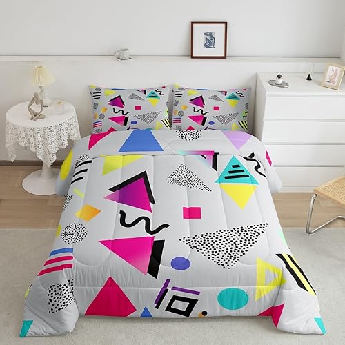 Miniatura 37 de Juego de edredón de estilo de moda de los años 80 y 90, tamaño Queen, patrón retro de estilo Memphis con formas geométricas, juego de ropa de cama