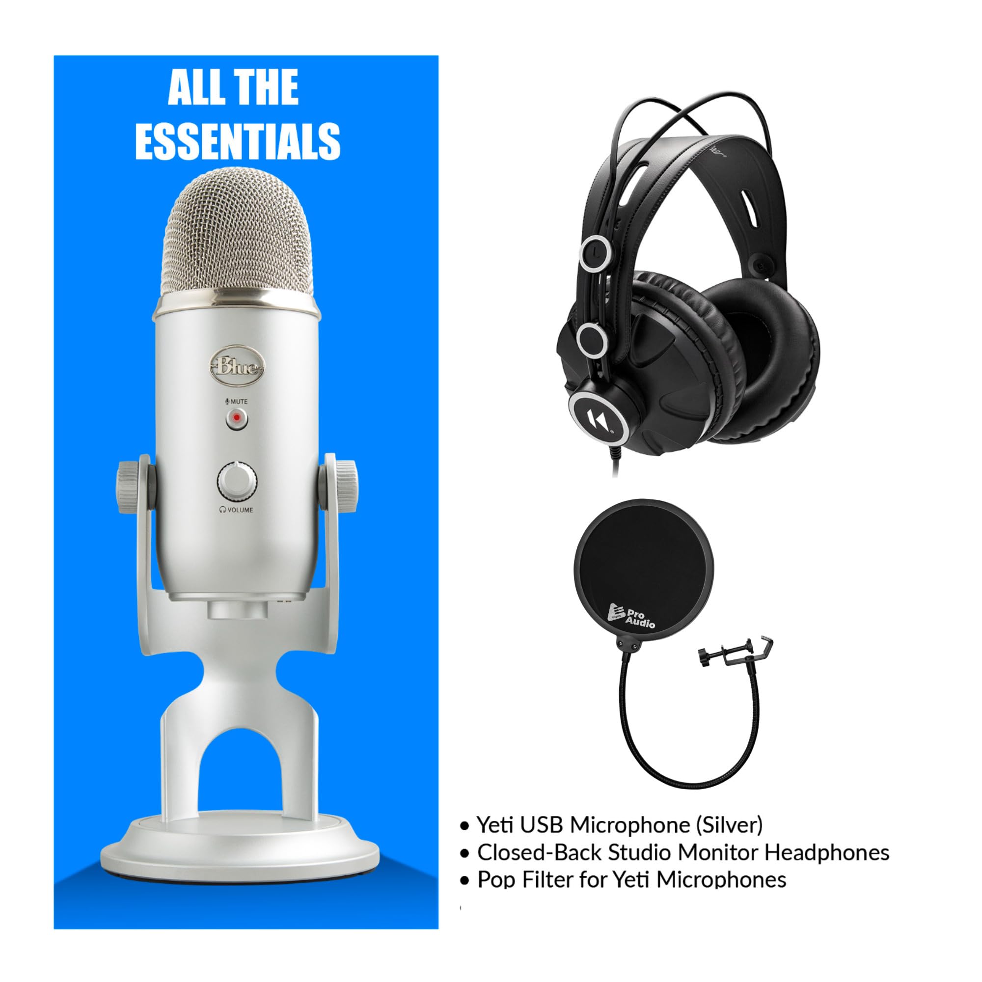 Amazon.com: Blue Yeti USB Microphone Bundle (Silver) | Closed-back