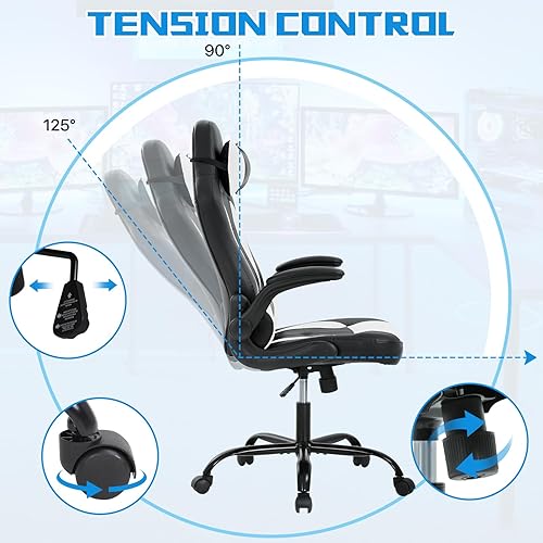 Miniatura 4 de Silla ergonómica para juegos de PC, silla de oficina para computadora con reposabrazos, reposacabezas y soporte lumbar, piel sintética, respaldo