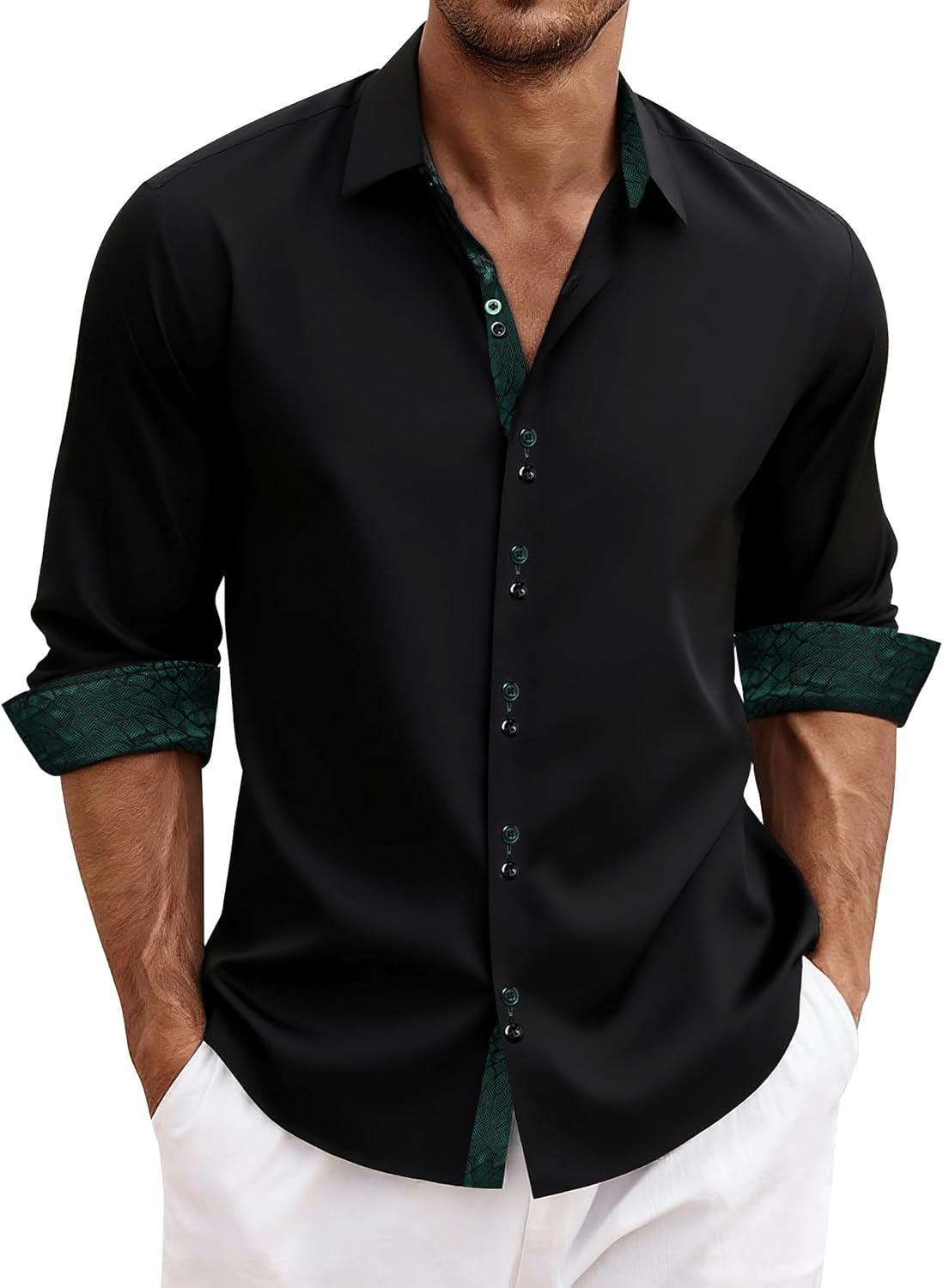 DiBanGu Men's Dress Shirt Long Sleeve Casual Button Down Shirts Regular Fit Inner Contrast Shirt for Business Party