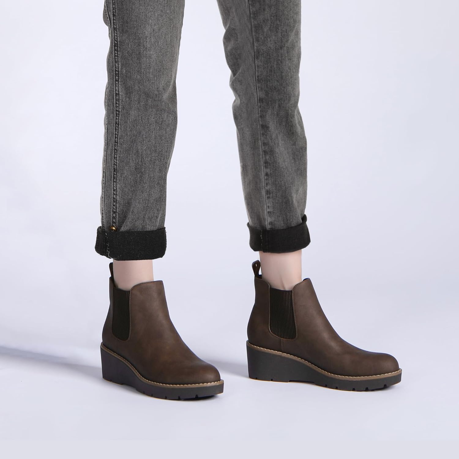 Athlefit Women's Chelsea Wedge Boots Elastic Platform Lug Sole Slip on Wedge Ankle Booties - Image 2