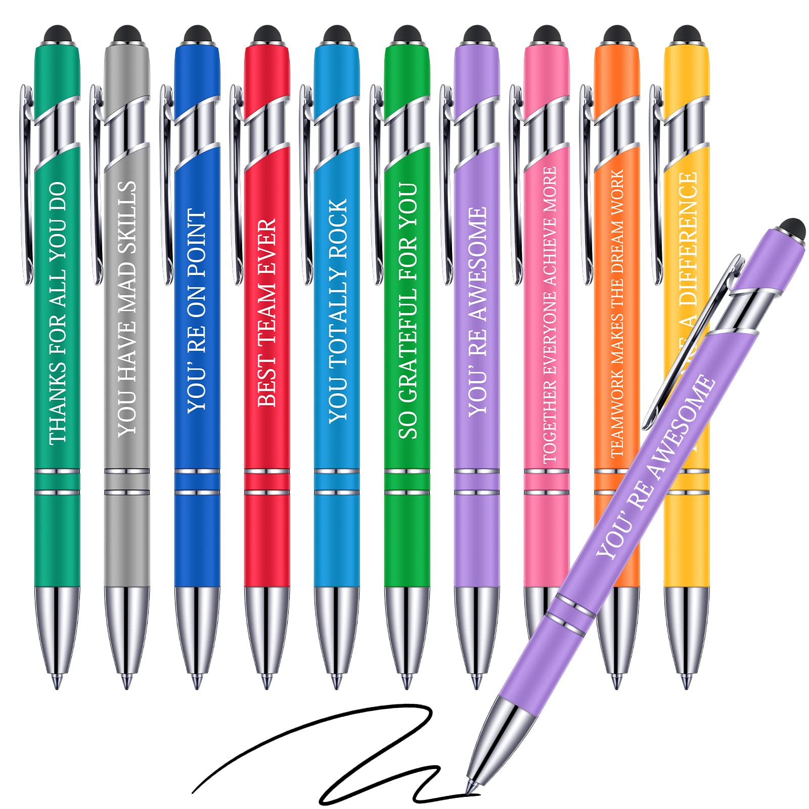 10PCS Inspirational Quote Pens With Mini Notebook – Colorful Ballpoint Pens, Stylus Tip, Motivational Office School Supplies
