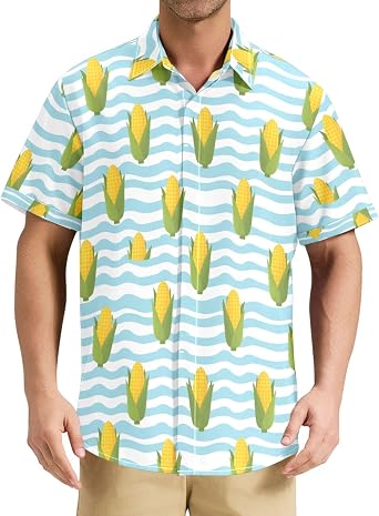 Mens Button Down Shirts Short Sleeve Corn Blue Wave Wrinkle Free Hawaiian Shirt Casual Vacation Office