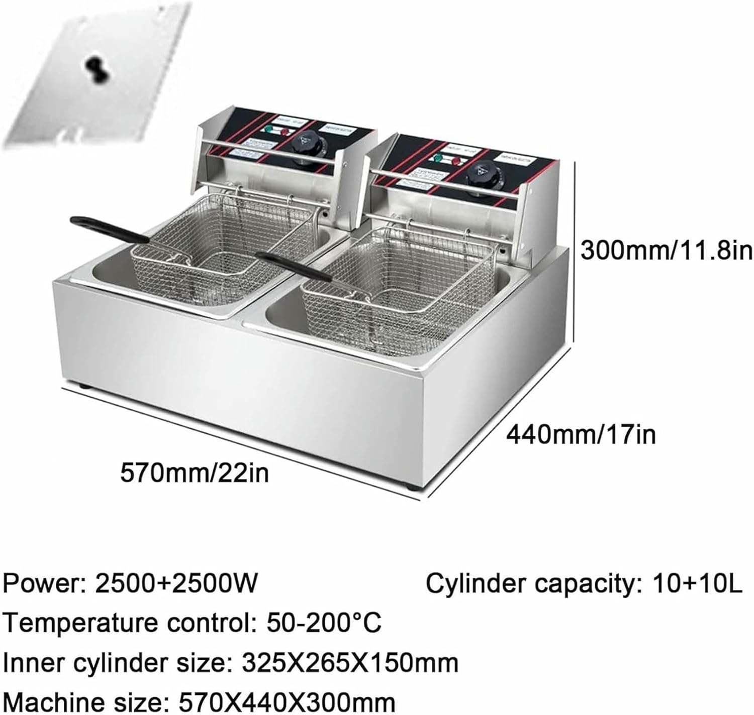 Commercial Fat Fryer Basket Commercial Deep Fryer - 2500W 10L Double Tank Electric Deep Fryers with Baskets and Lids, Stainless Steel Countertop Oil Fryer for French Fry~/