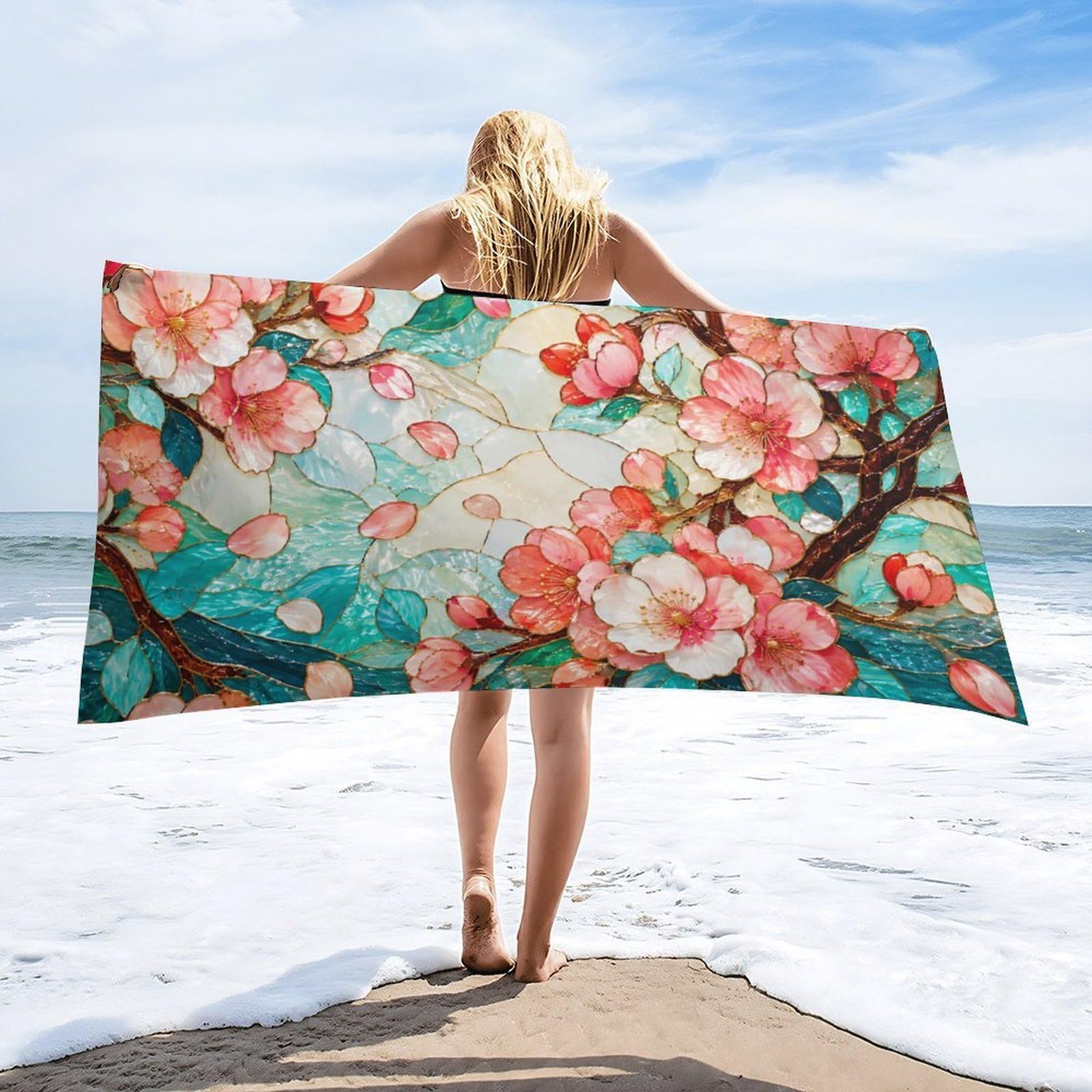 Anceky Cherry Blossom Floral Beach Towel 32"×63",Soft Microfiber Bath Towel Shawl, Quick Dry Absorbent Pool Spa Gym Shower Towel
