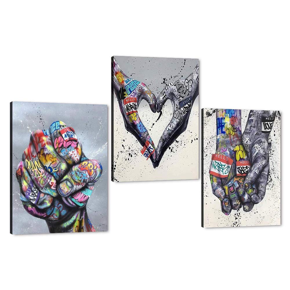 BPA Graffiti Hand Fist Power Canvas Wall Art 3 Pcs Black and White Street Art Graffiti Hand HD Oil Canvas Wall Art Modern Living Powder Room Home Decor Stretch with Wooden Frame Hang - 36''W x 16''H