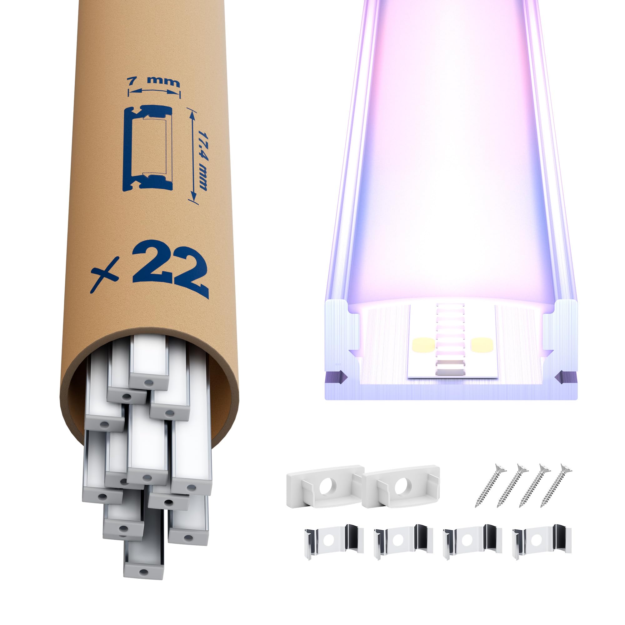 22x Profilo Alluminio per Strisce LED 2M (20mt) - Canalina per Striscia LED con Copertura Opaca - Dimensioni 17.4 x 7mm - Compatibile con Strisce LED fino a 12.1mm(U26-2M, 22)