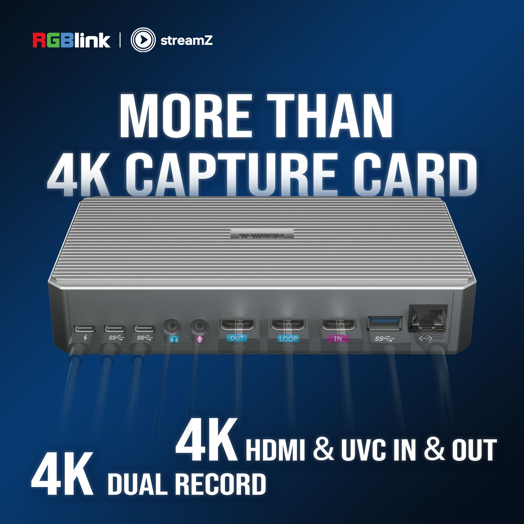 RGBlink streamZ - Tarjeta de captura de video alimentada por IA para transmisión, captura y grabación dual 4K60, tarjeta de captura de juegos USB-C 3.0 de baja latencia para PS5, Xbox, Switch, OBS