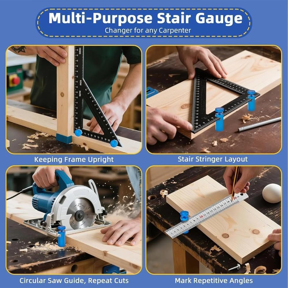 Right-Angle Ruler Clamp - Stair Gauges for Framing Square, Hexagonal Lock Framing Square Jig with Holder Hook, Anti-Slip Clamp for Circular Saw, Speed Square Carpentry Layout Tool (Black*2)