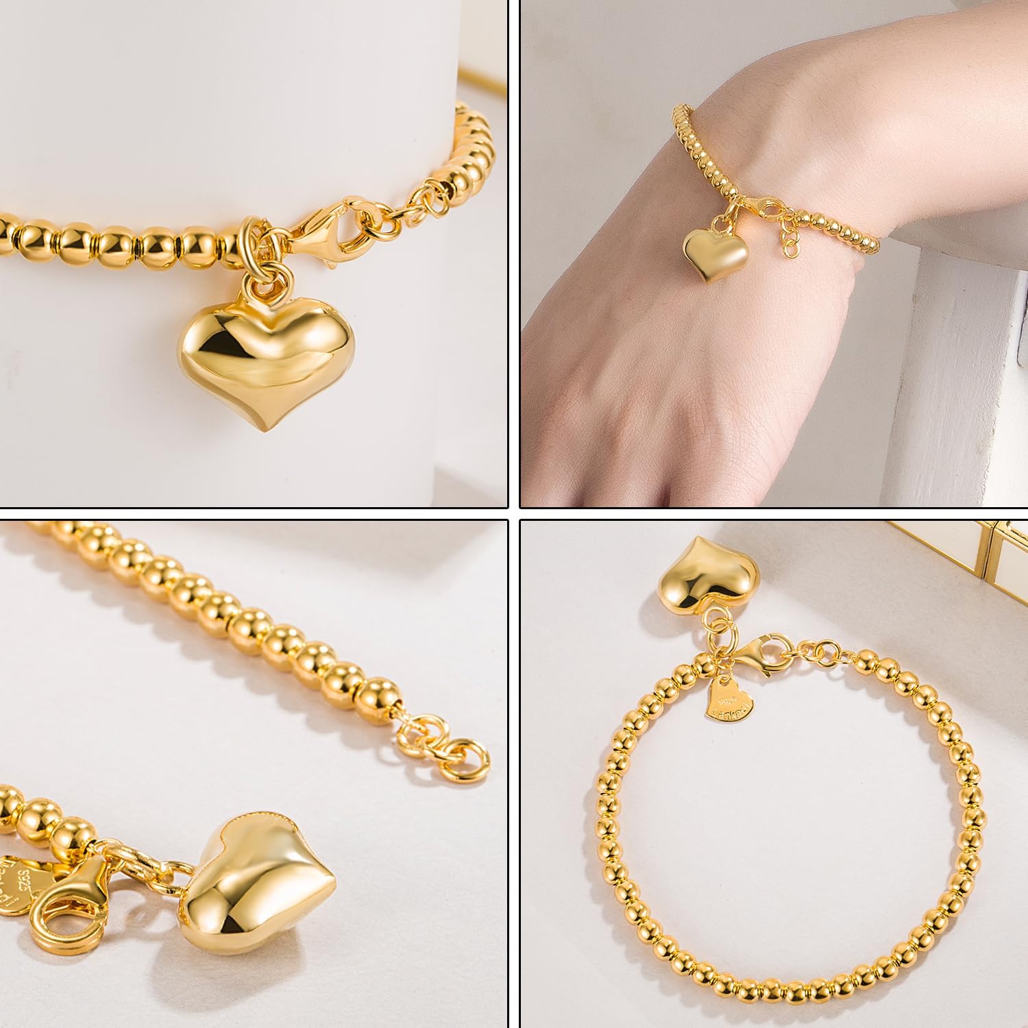 Dankadi Women 925 Sterling Silver Round Bead Bracelet Minimalist 4-6MM 13-21CM Bell and Heart Pendant Prayer Beads Link Chain Bracelet Men Charm Jewelry Gift