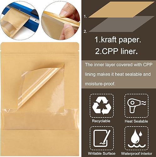 Miniatura 4 de Blisstime Paquete de 50 bolsas de papel kraft de pie, bolsa resellable con ventana transparente y muesca de desgarro para almacenamiento multiusos