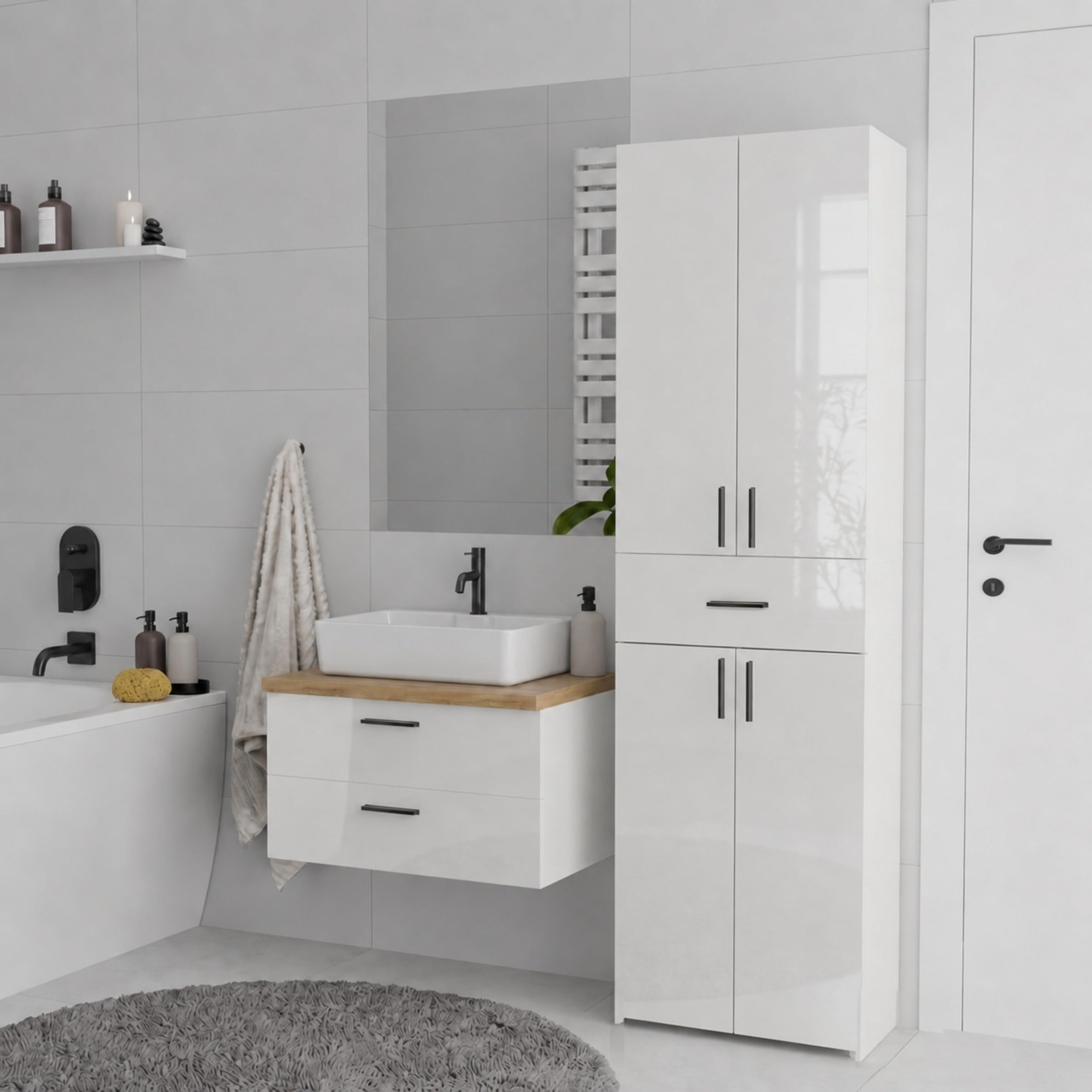 Colonne de Salle de Bain, 4 Portes, Tiroir, Blanc Brillant | Meuble de Salle de Bain Étroit, Meuble de Rangement pour Cuisine et Salon