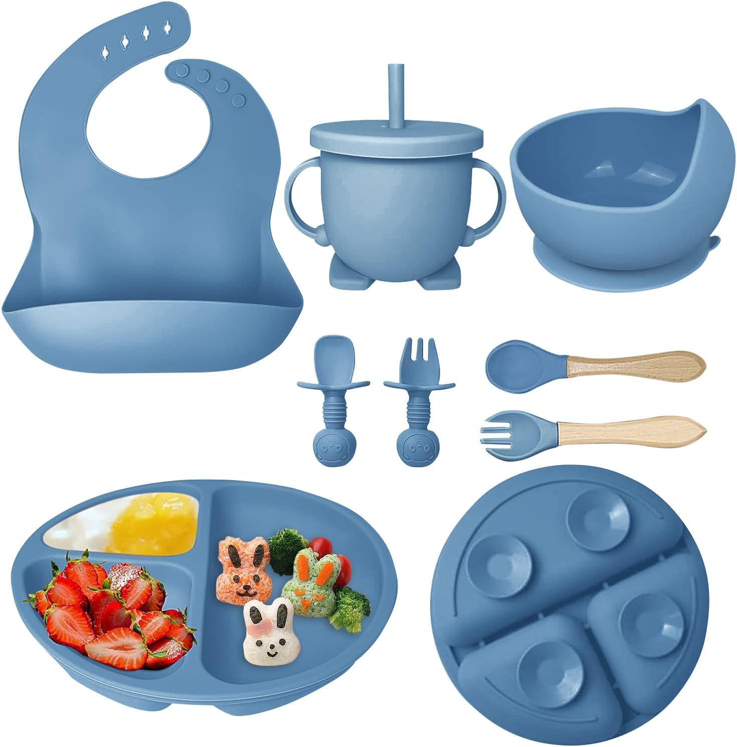 SialSouk ®- 8 Piece Silicone Set Baby Feeding Set for Self Feeding, Learning & Fine Motor Skills Soft, Easy to Grip, Bib, Bowl, Plate, Mini Utensils, Spoon & Cup