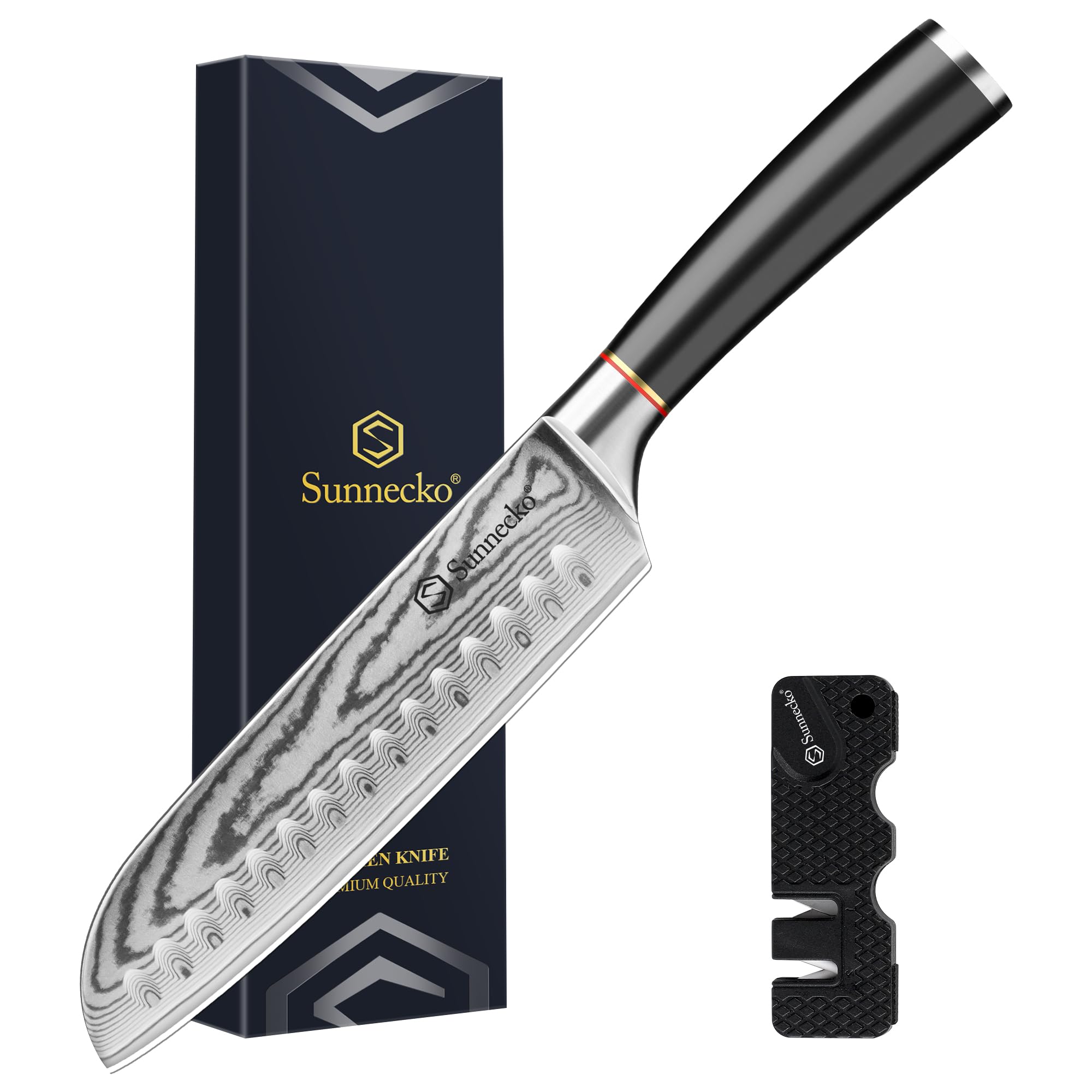 Sunnecko Damascus Santoku Knife 7 Inch, Japanese VG10 Core Steel Damascus Chef Knife, Professional Razor Sharp Kitchen Knives with Knives Sharpner