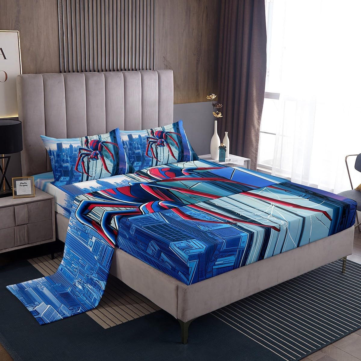 3D Spider Kids Bed Sheets Full Size,Blue City Building Bedding Sets 3Pcs for Boys Teens Men Room Decor,Hero Theme Fitted Sheets Modern Cool Top Flat Sheet,2 Pillowcases