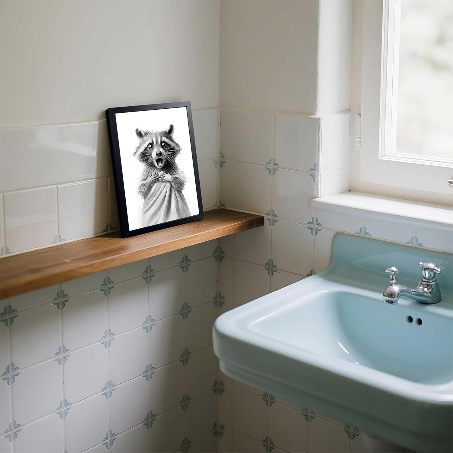 Framed Raccoon Bathroom Wall Art, Funny Black and White Raccoon in Towel Canvas Print, Whimsical Animal Decor, 12x16 Inches, for Bathroom, Kids Room, Powder Room