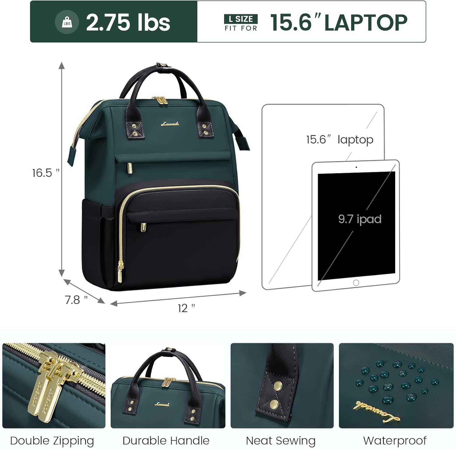 LOVEVOOK Leather Backpacks for Women,15.6 inch Leather Laptop Backpack Women,Professional Work Backpack Nurse College Teacher Bag,Womens Laptop Computer Travel Backpacks Purse,Dark Blue-green-Black - Image 4