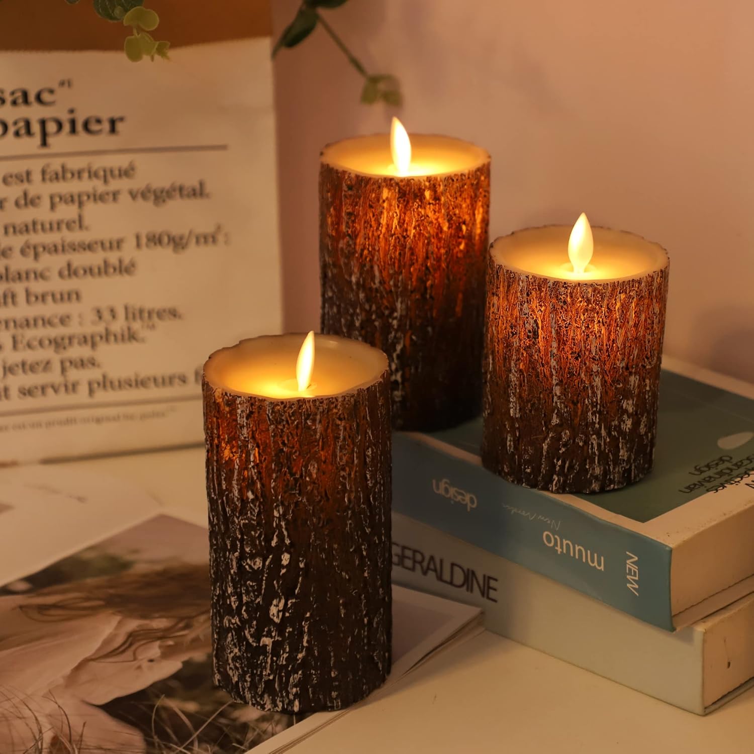 Lezonic LED Flameless Candles Battery Operated with Flickering Warm Yellow Light Moving Wicks Pack of 3 (D 3”×H 4”5”6”) Real Wax Christmas Pine Bark Flameless Pillar Candles with Timer and Remote : Tools & Home Improvement