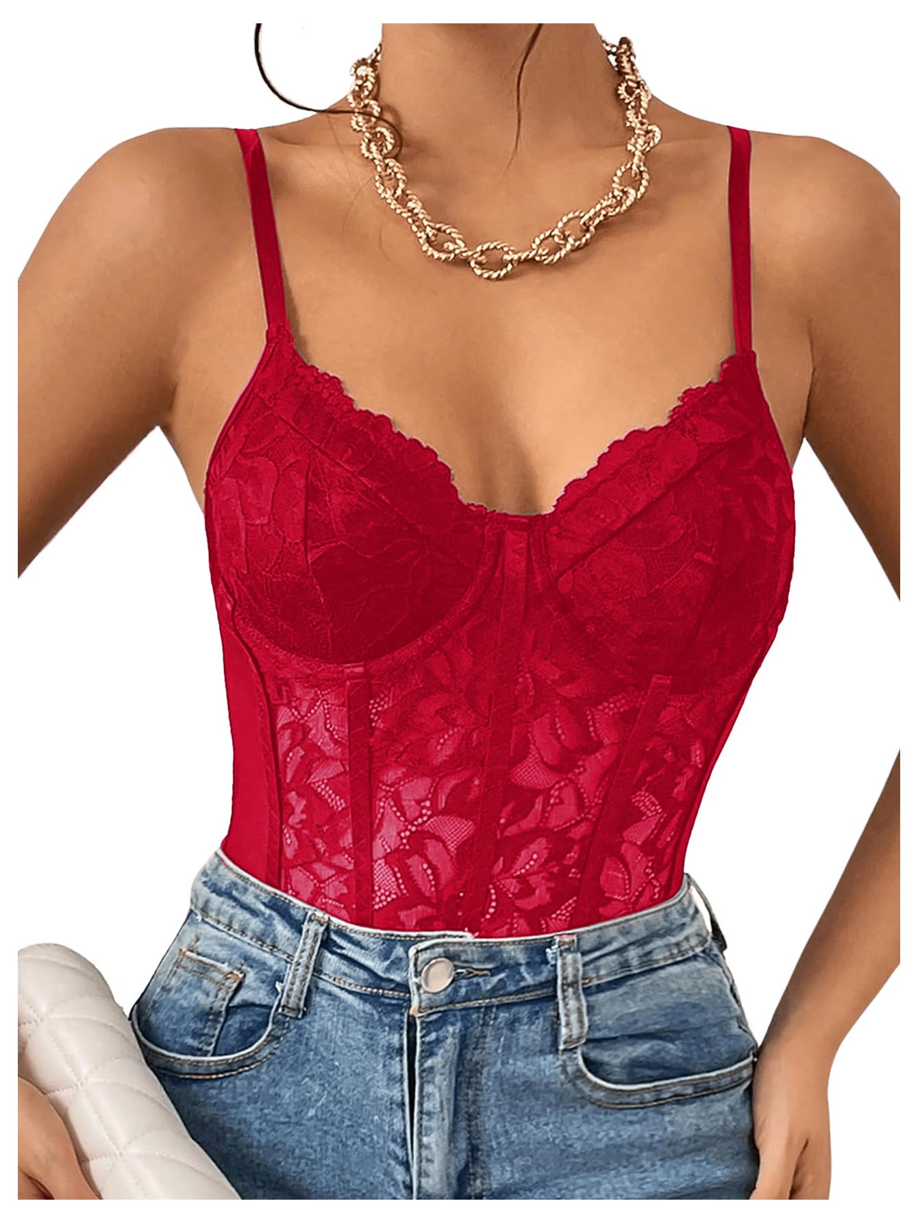 Photo 1 of Milumia Women's Sexy Sheer Mesh Lace Bodysuit Spaghetti Strap Bustier Corset Tops Rave Party Club All Red X-Small