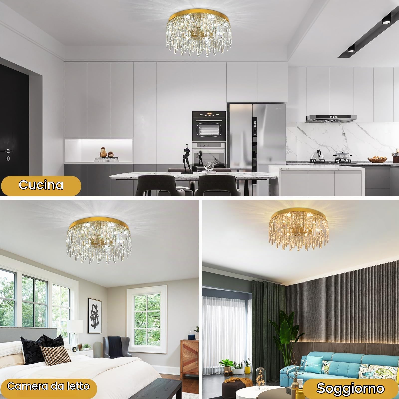 VETRULUS Lampadario Rotondo in Cristallo Oro 50cm – Plafoniera a Filo Soffitto di Lusso per Sala da Pranzo, Camera da Letto, Cucina, Soggiorno