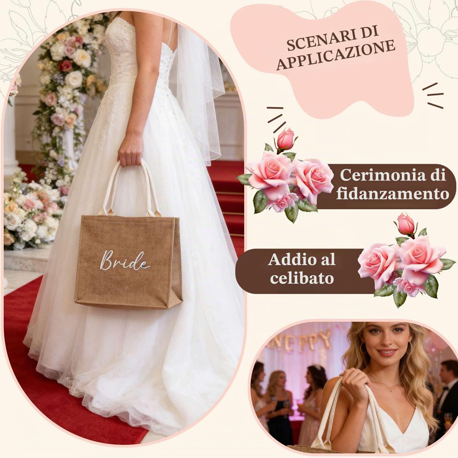 4 pezzi Set di regali per sposa Accessori JGA per donne Borsa in juta con borsa per cosmetici, pantofole, calzini, Borsa cosmetica Bride To Be JGA Borsa in juta per JGA, matrimonio, festa in spiaggia