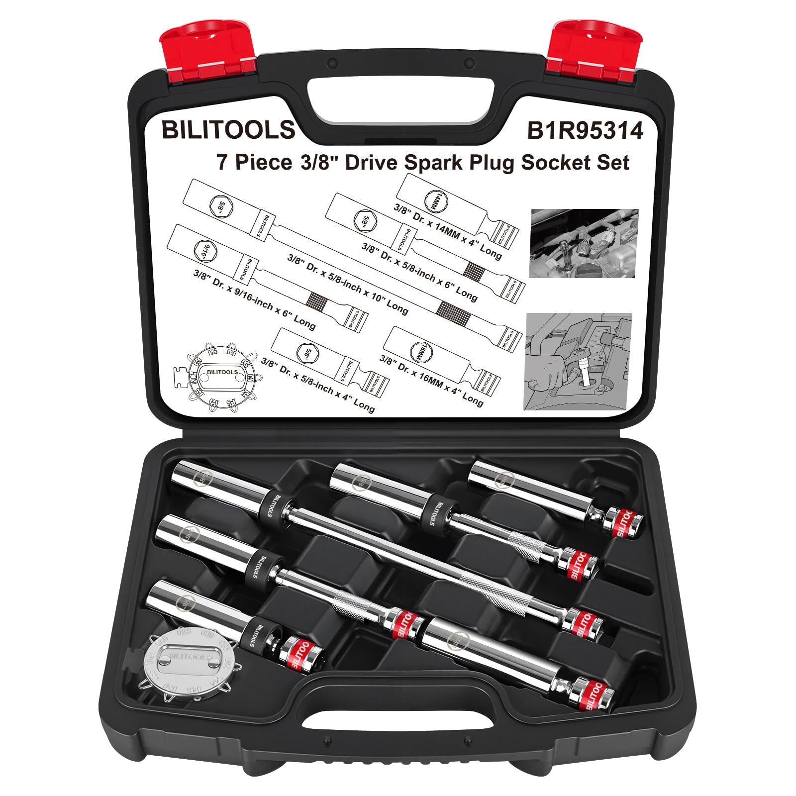BILITOOLS 7 Piece Magnetic Swivel Spark Plug Socket Set with Gap Tool, 3/8-Inch Drive, 9/16'', 5/8'', 14mm, 16mm, 6 & 12 Point, CR-V