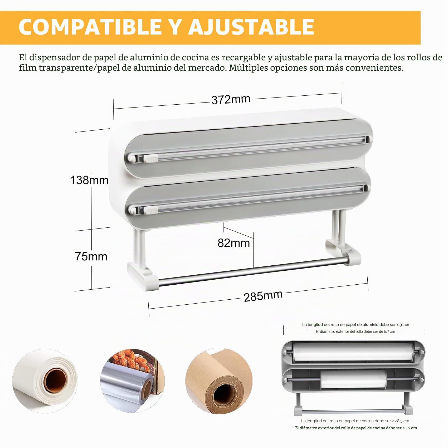 Dispensador Papel Aluminio y Film con Portarrollos Cocina - Organizador Mejorado Magnético de Papel Film Transparente con 50 Metros Film de Plástico, Soporte Papel Cocina 3 en 1, Blanco