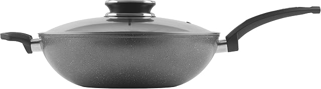 Tower T81279 Cerastone Induction Wok Pan With Glass Lid, Non Stick Ceramic Coating, Easy to Clean, Graphite, 30 cm