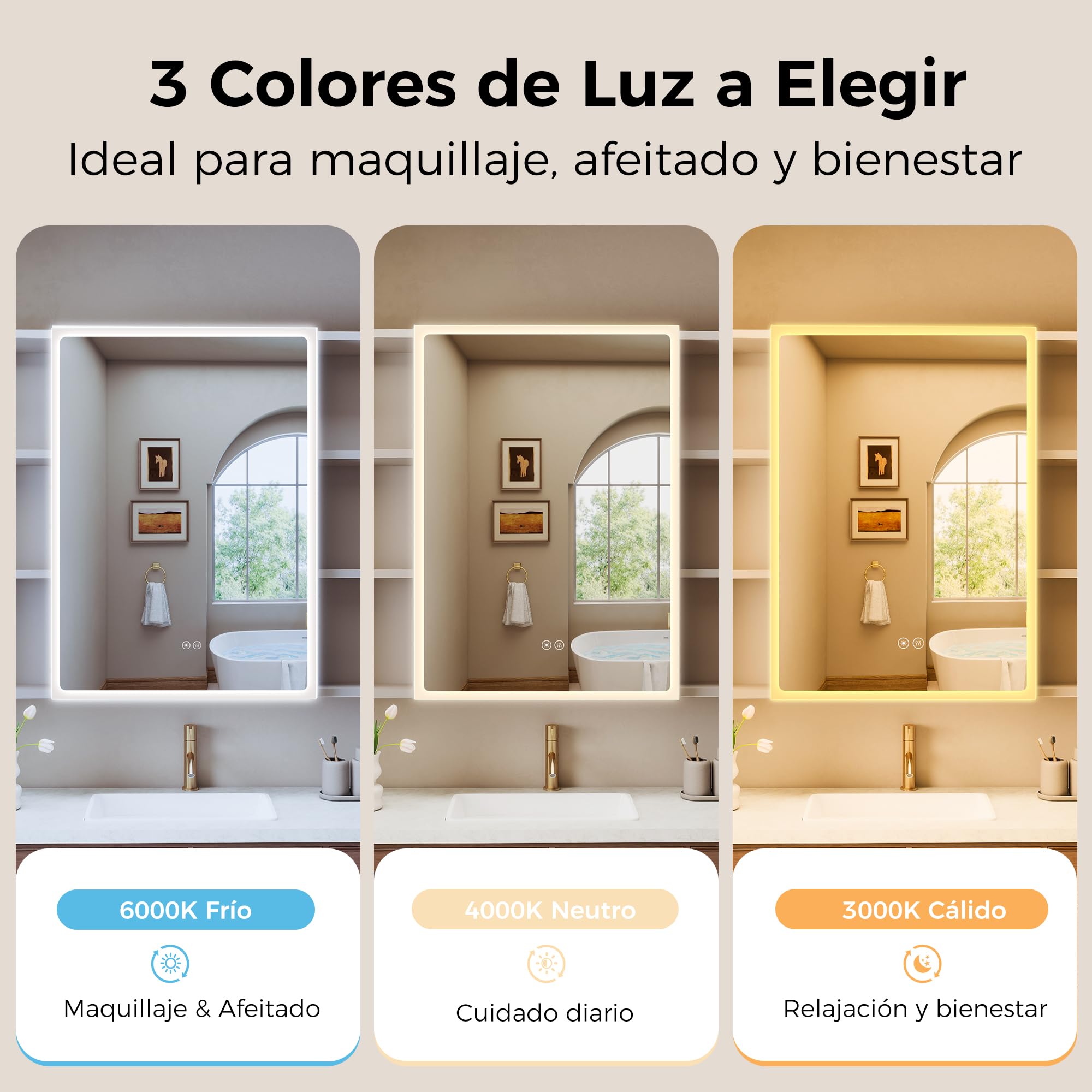 S'bagno Armario con espejo para baño con iluminación, 90 x 70 cm, armario con espejo para cuarto de baño, armario empotrado de aluminio, 3 colores, regulable, función de memoria, vidrio templado HD