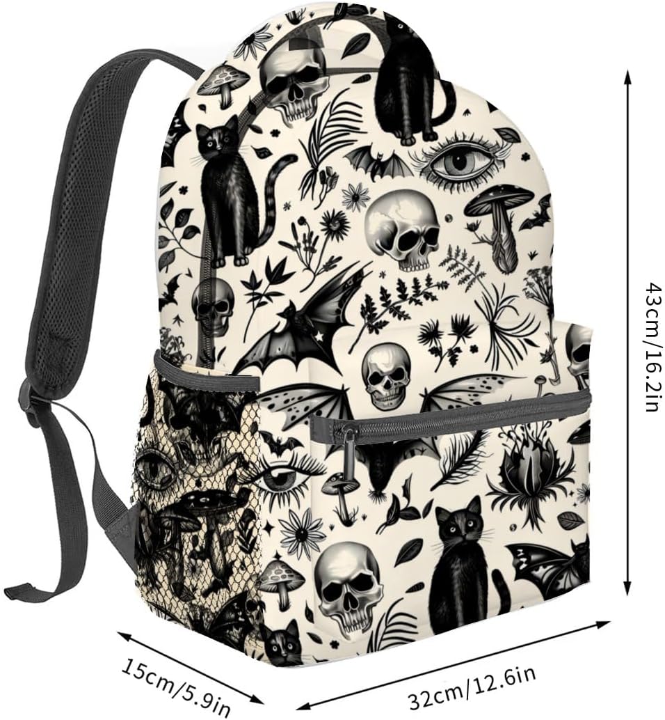 Gothic Backpack,Skull Black Cat Retro Polyester Backpacks,Lightweight Double Shoulder Back Pack for Women,Vintage Goth Halloween Bookbag,School Bag Gifts,Casual Travel Daypack Book Packs - Image 3